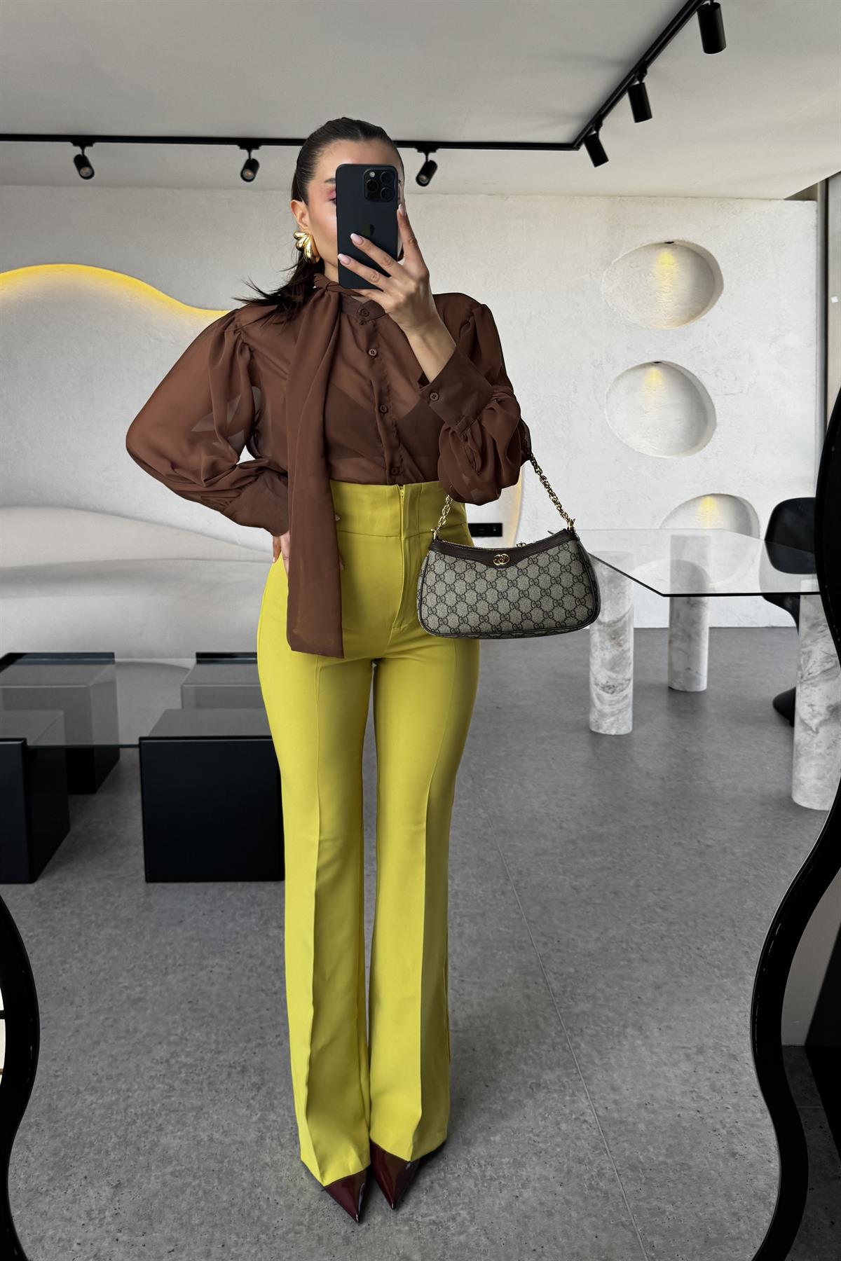 Ladies Ultra Yüksek Bel Yağ Yeşili İspanyol Pantolon