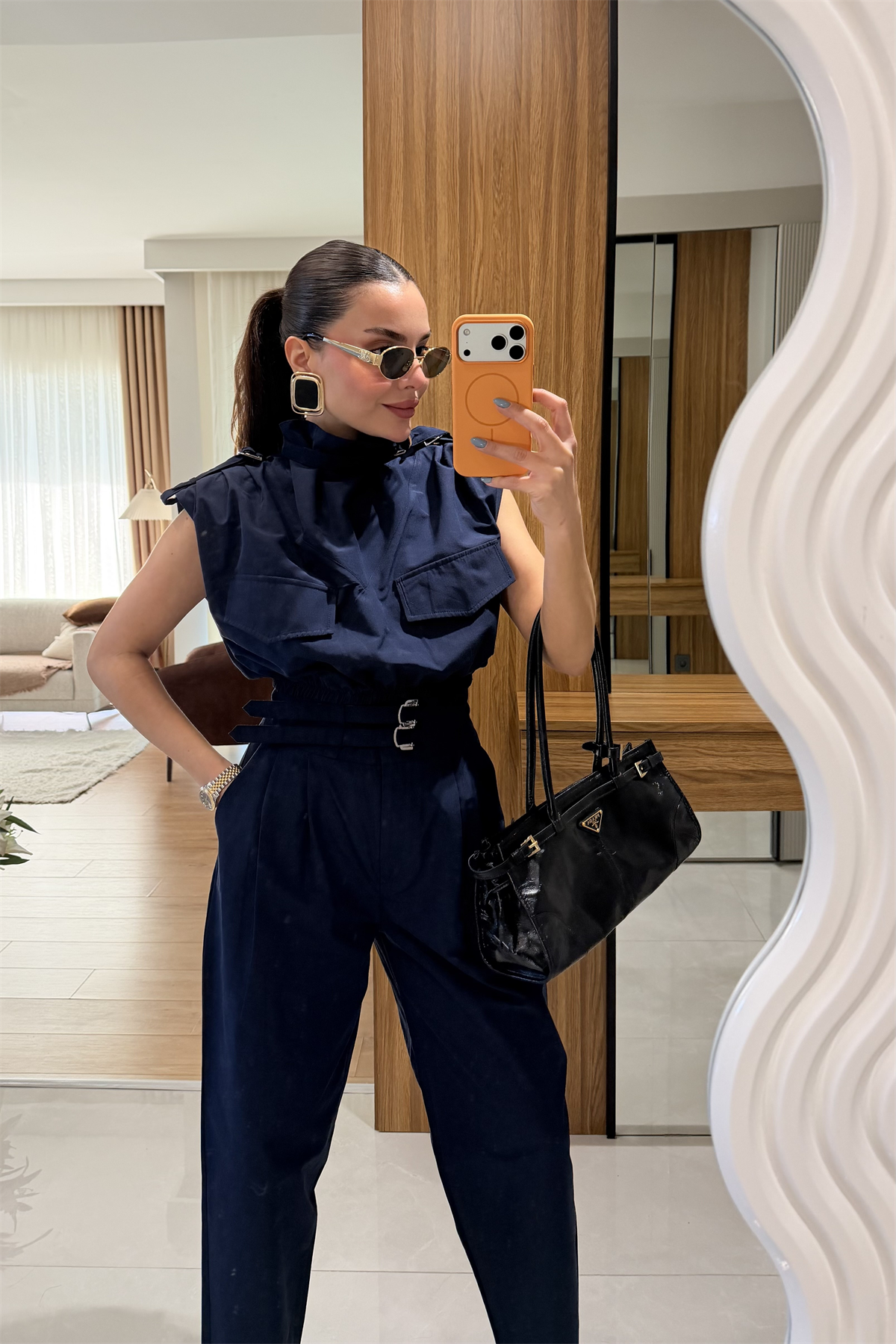 Laila Lacivert Kemer Detaylı Yüksek Bel Pantolon