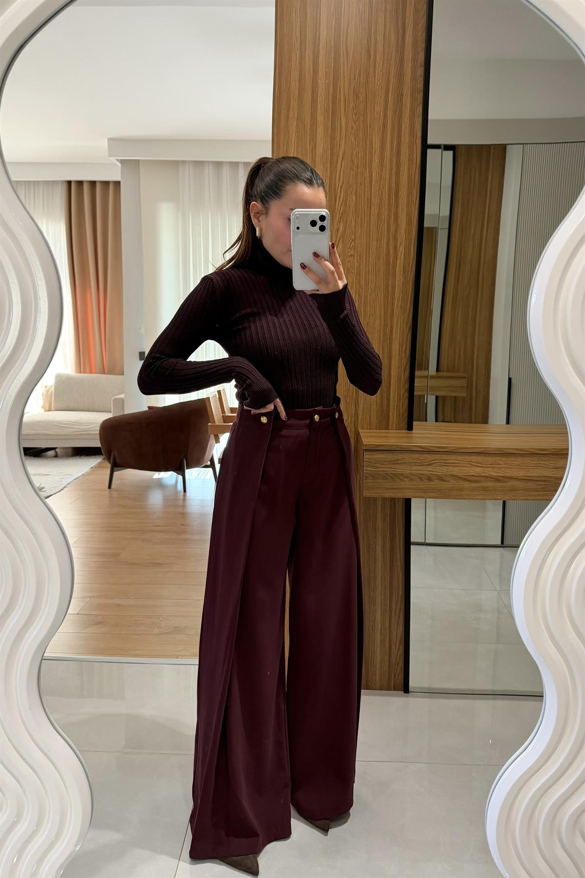 Lalin Bordo Yandan Düğme Detaylı Pantolon