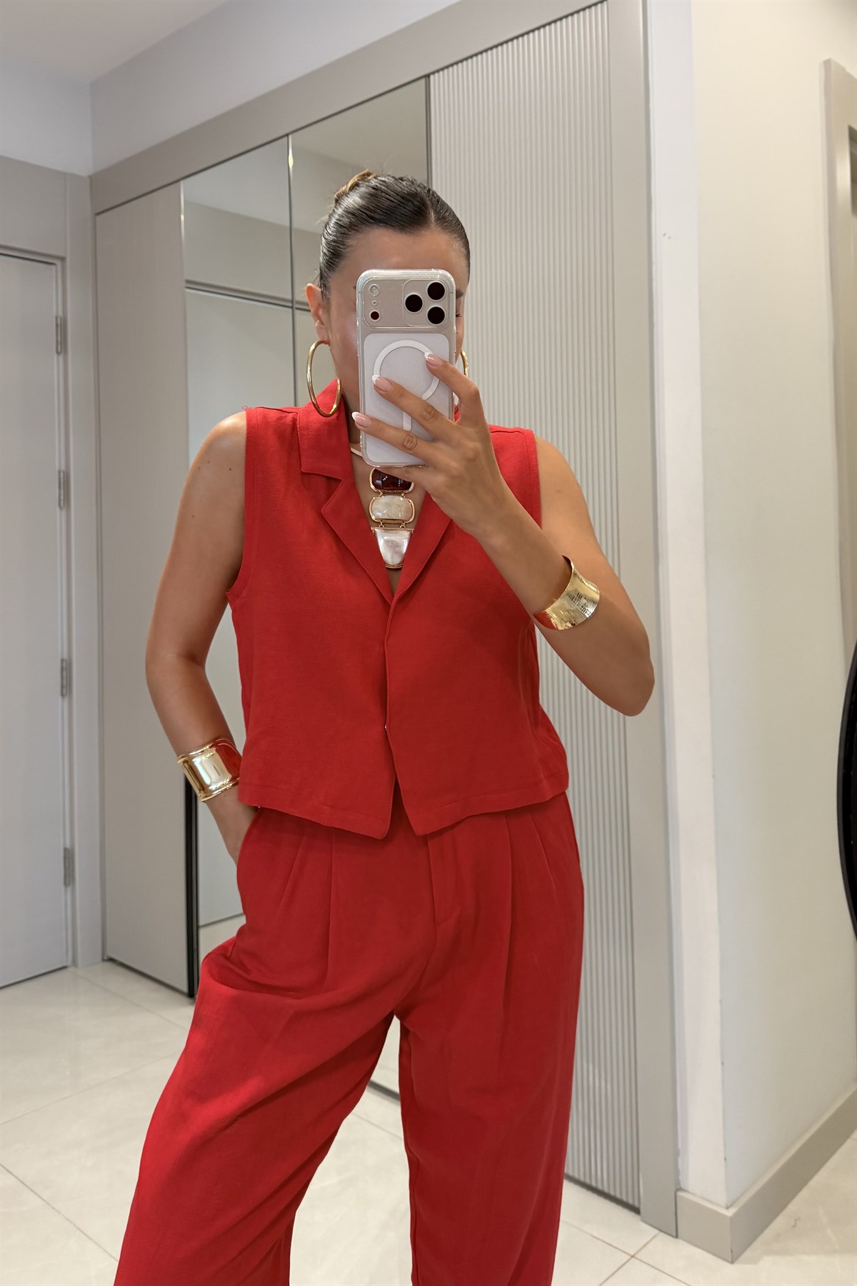 Lamode Kırmızı Keten Yelek Pantolon Takım