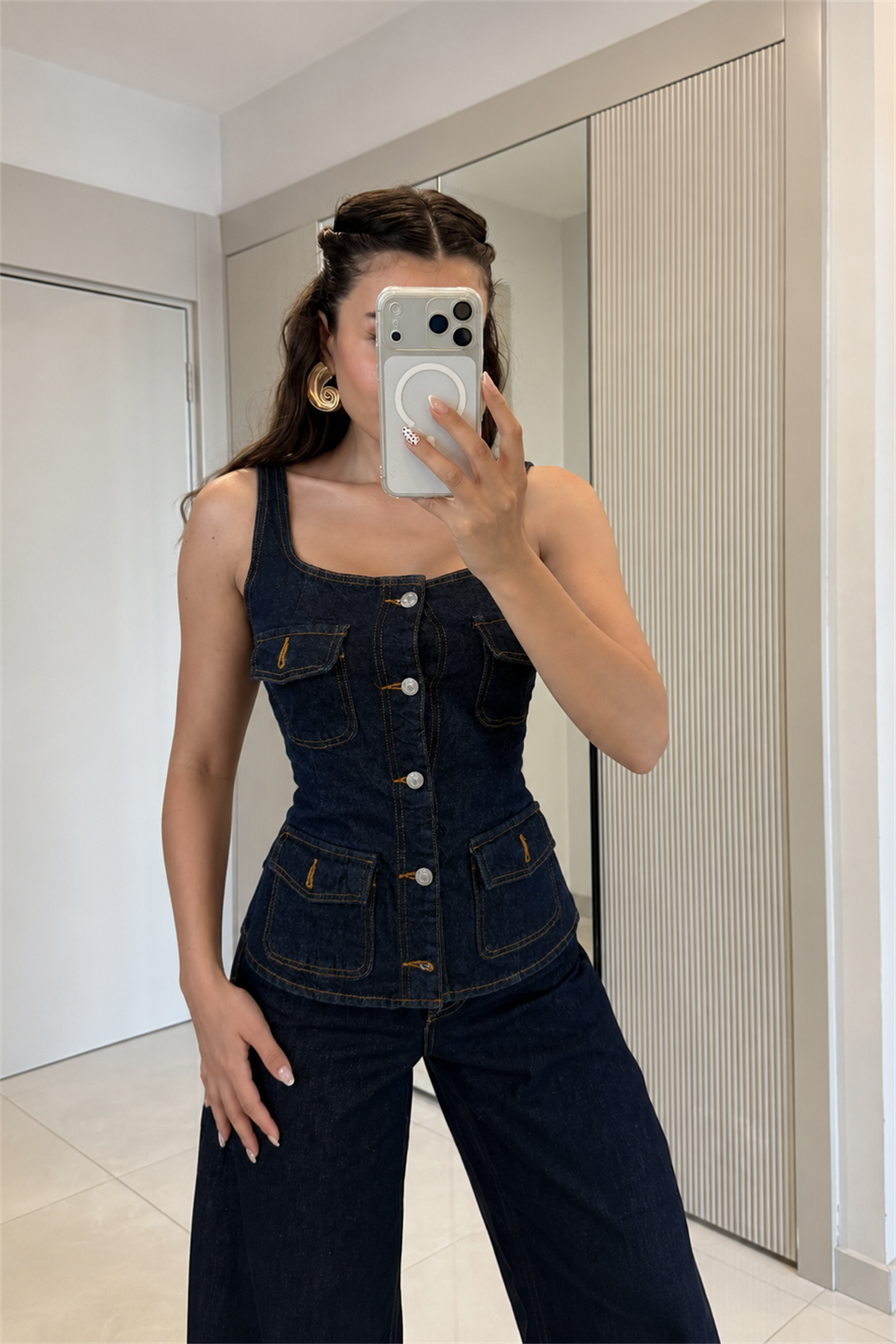 Lance Darkblue Denim Kare Yaka Yelek