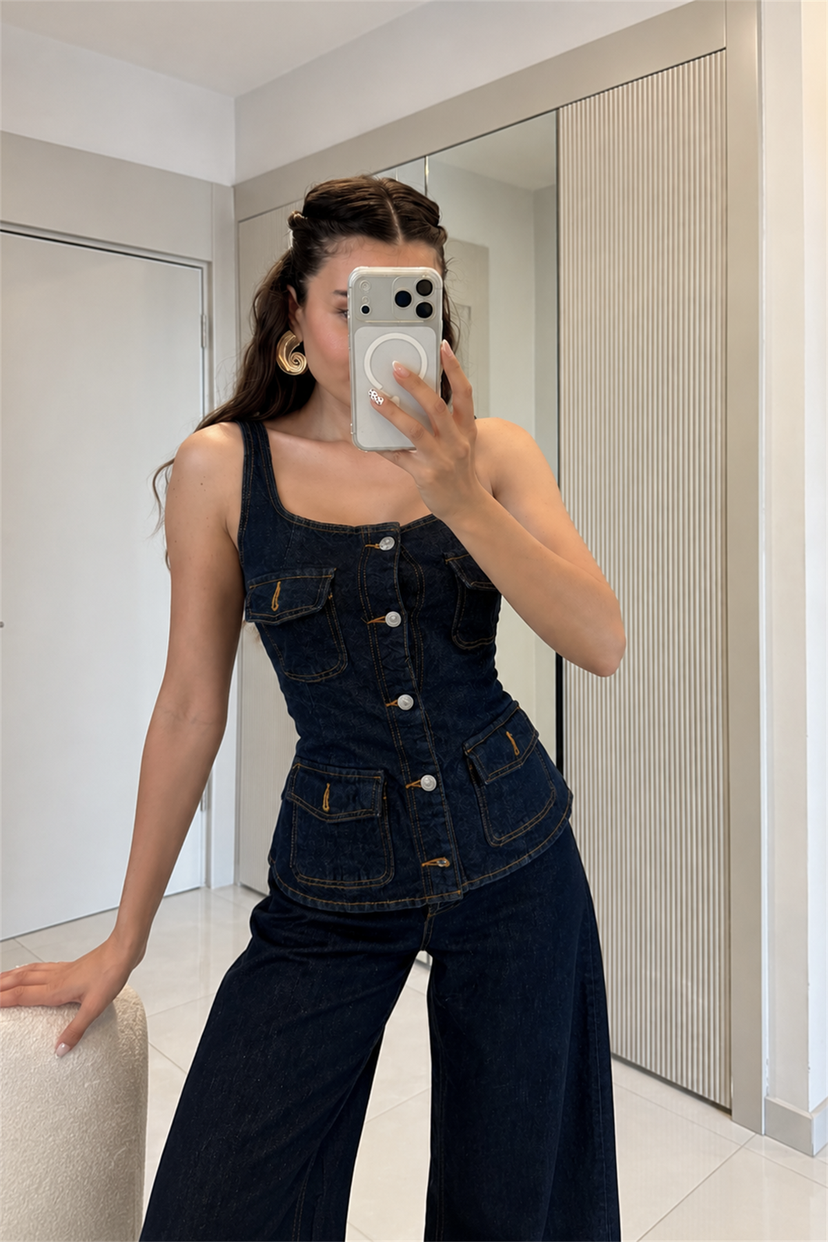 Lance Darkblue Denim Kare Yaka Yelek
