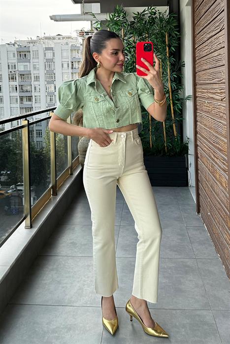 Landy Krem Kesikli Mom Jean