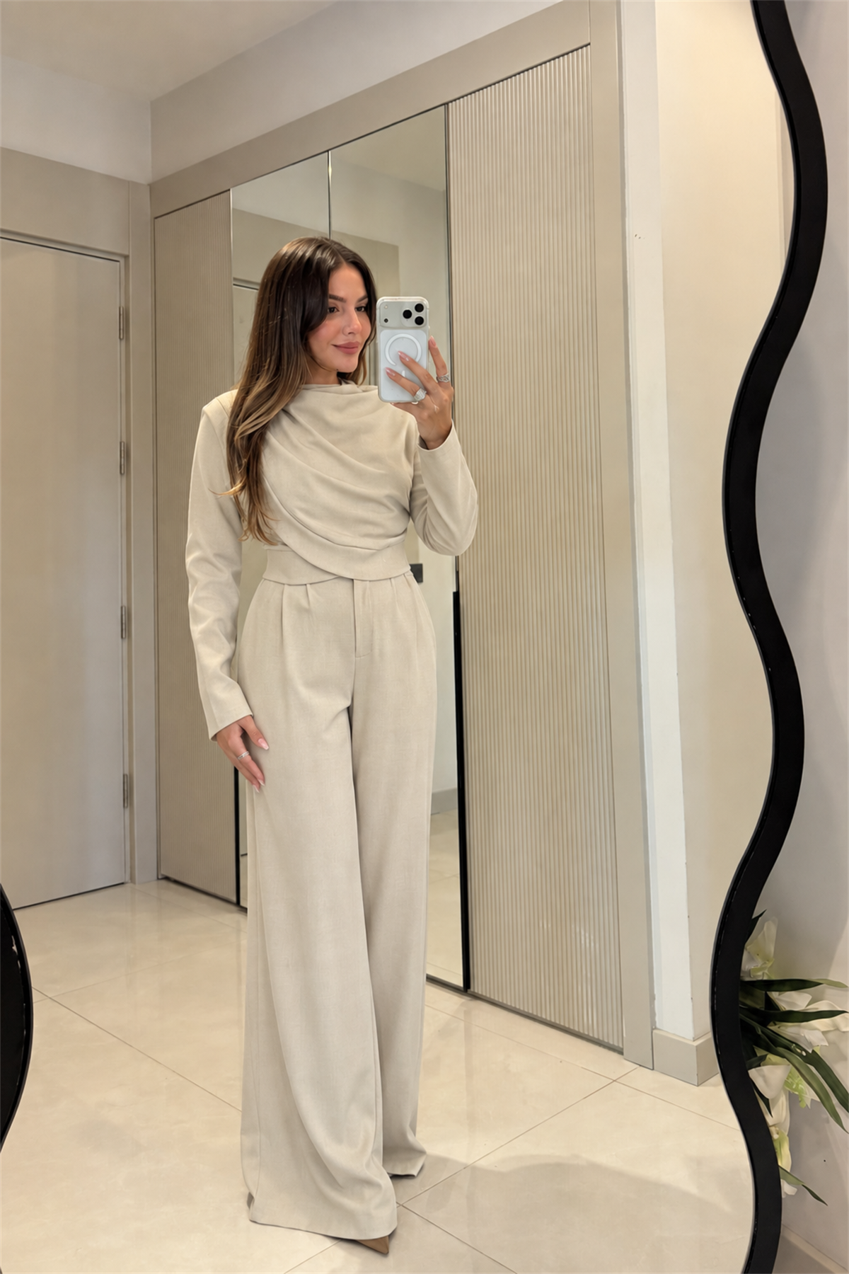 Laos Krem Degaje Yaka Palazzo Pantolon Takım