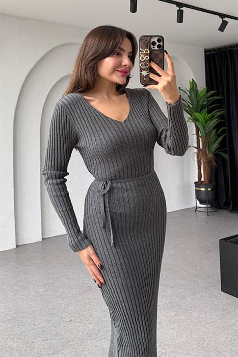 Lara Bel Kuşaklı Antrasit Elbise