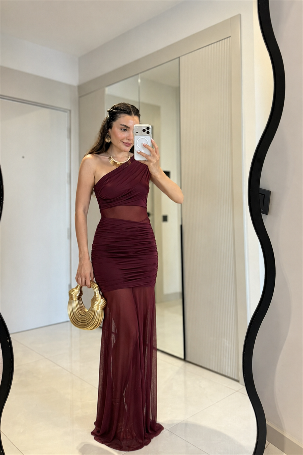 Laretta Bordo Drapeli Tül Şık Elbise
