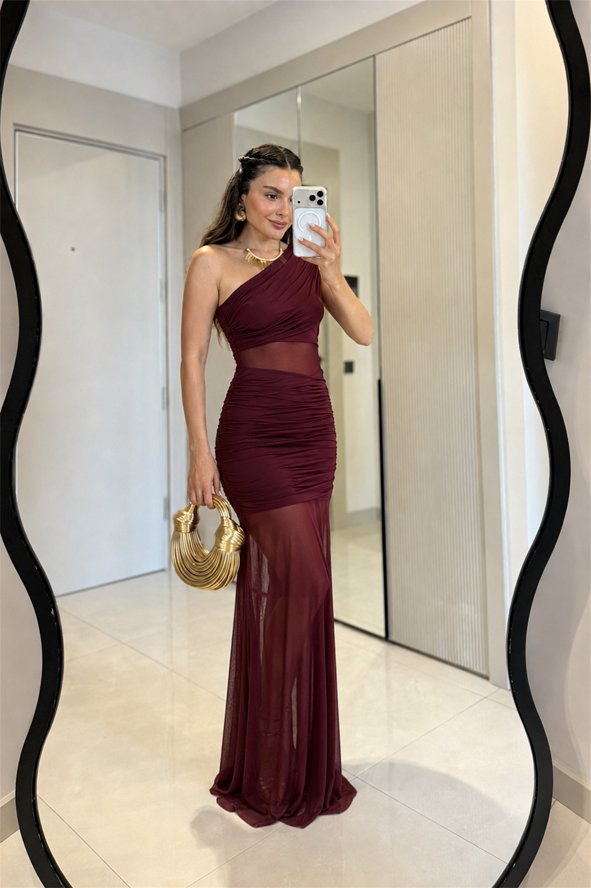 Laretta Bordo Drapeli Tül Şık Elbise