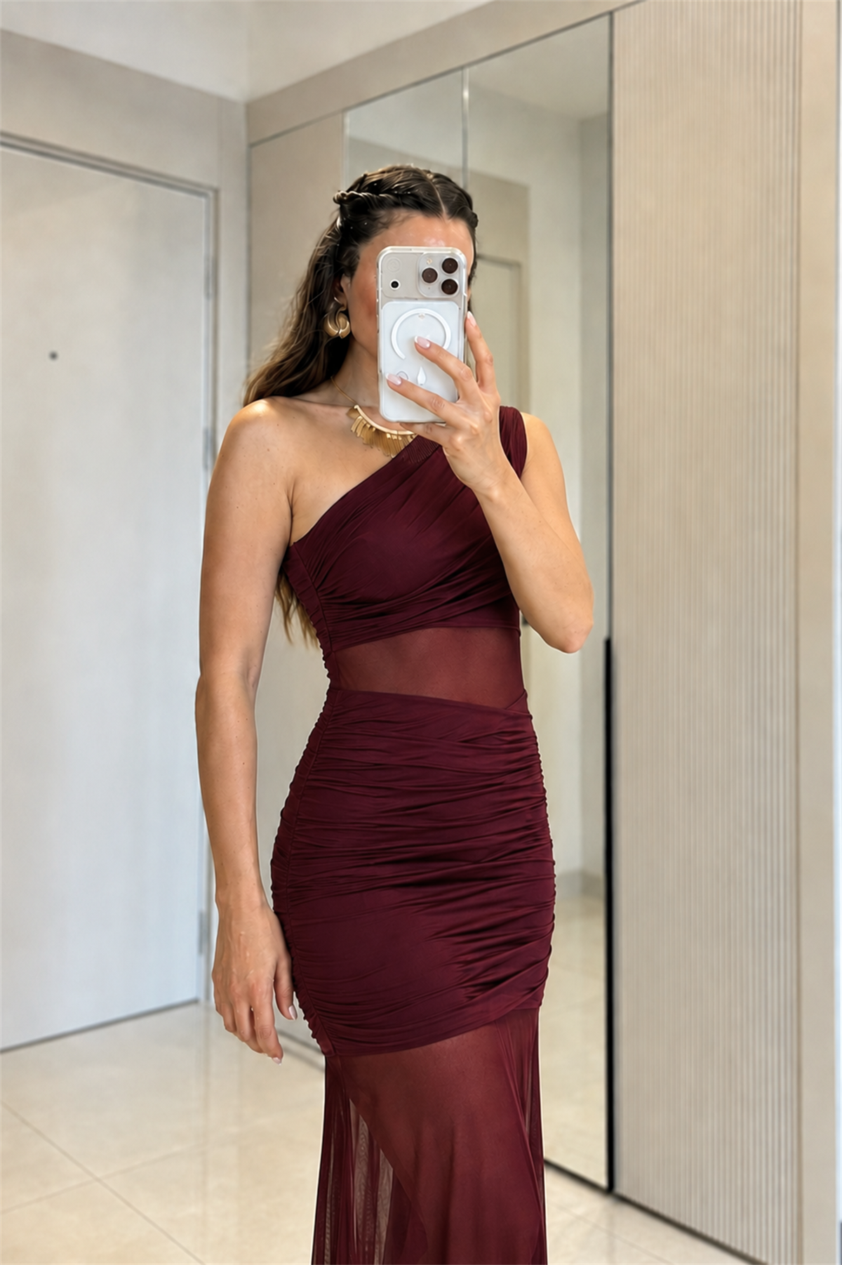 Laretta Bordo Drapeli Tül Şık Elbise