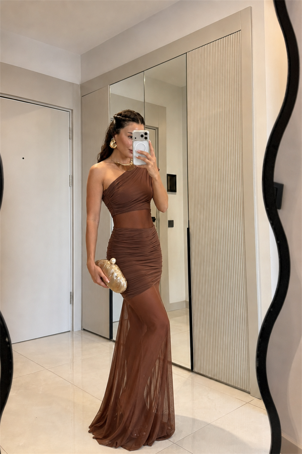 Laretta Kahve Drapeli Tül Şık Elbise