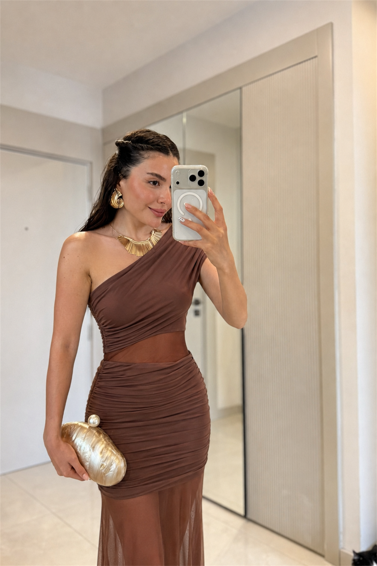 Laretta Kahve Drapeli Tül Şık Elbise