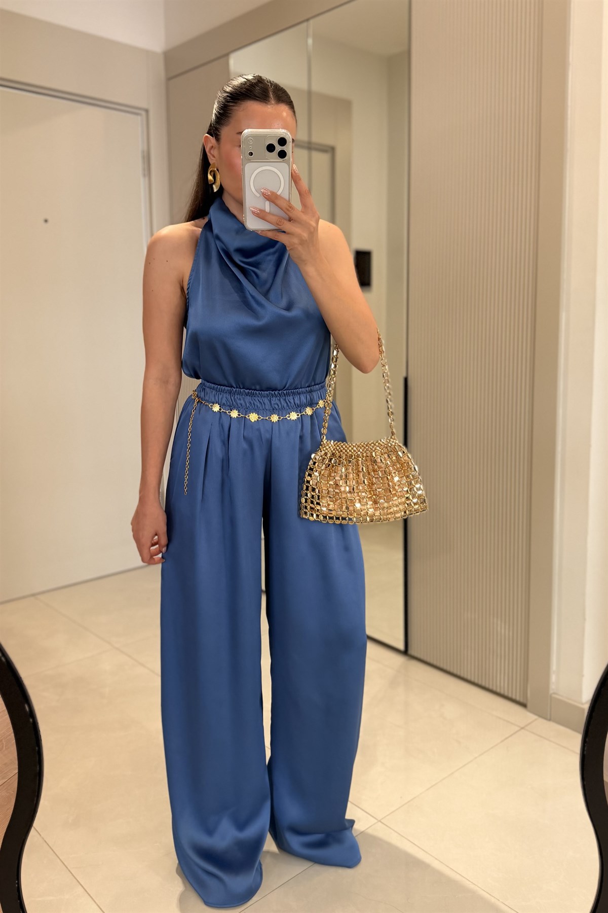 Larissa İndigo Degaje Yaka Saten Takım