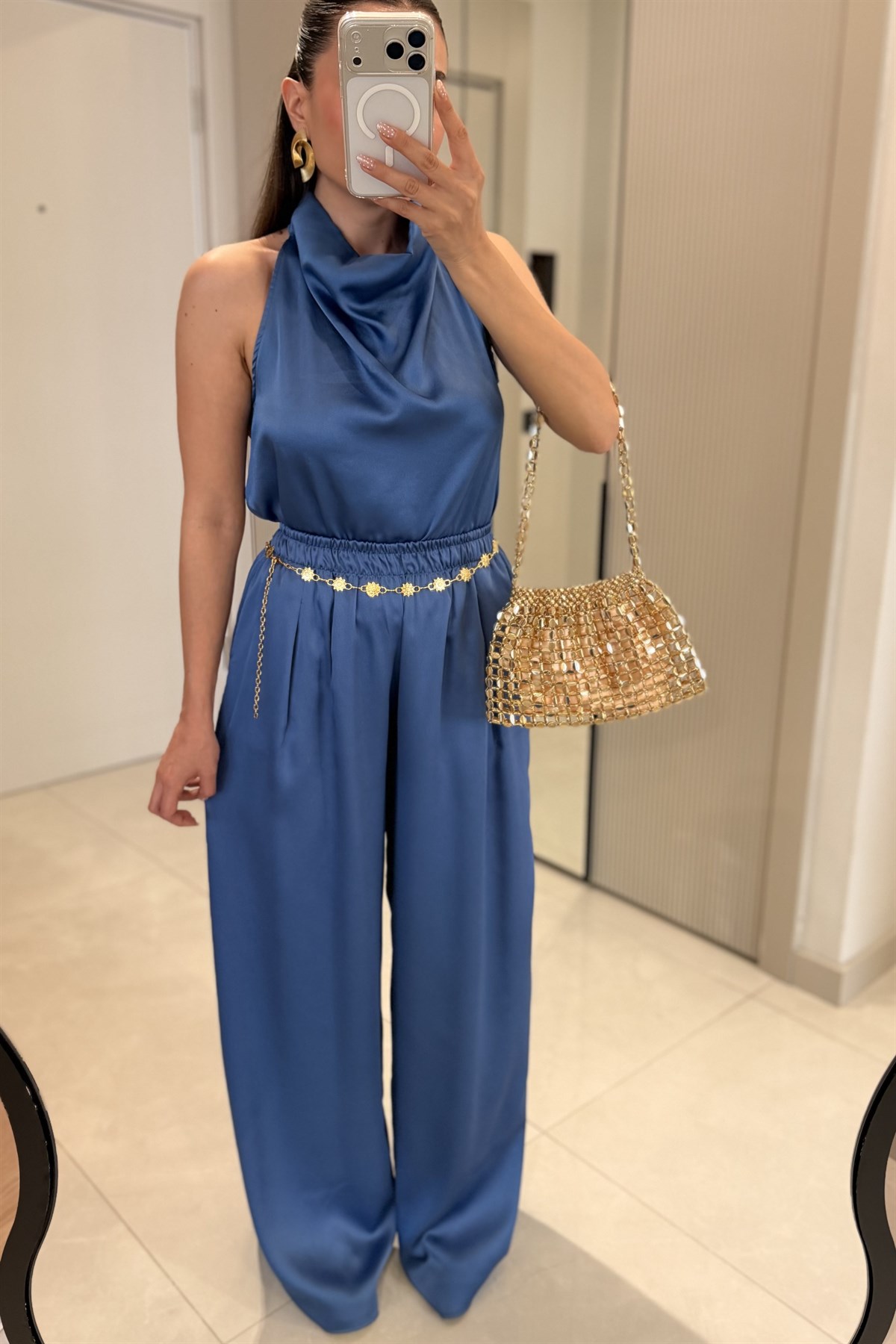 Larissa İndigo Degaje Yaka Saten Takım