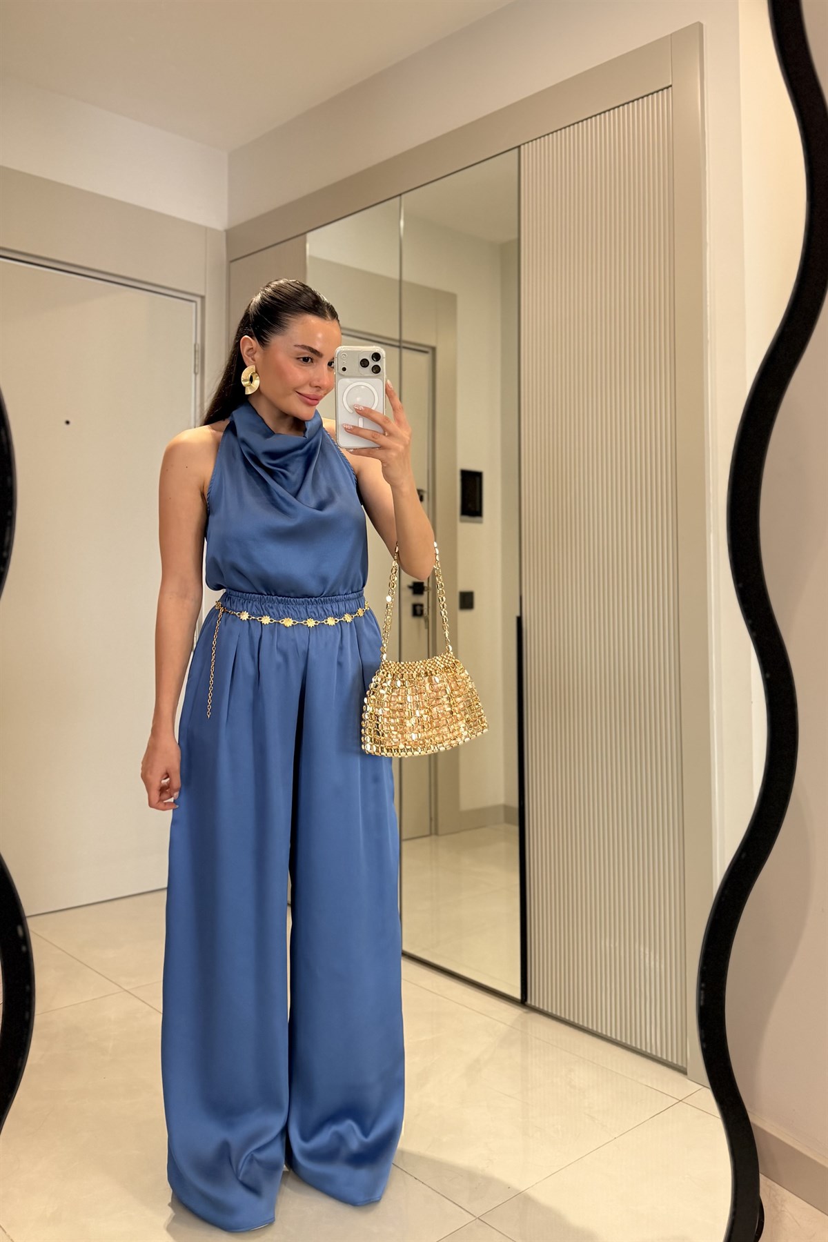 Larissa İndigo Degaje Yaka Saten Takım