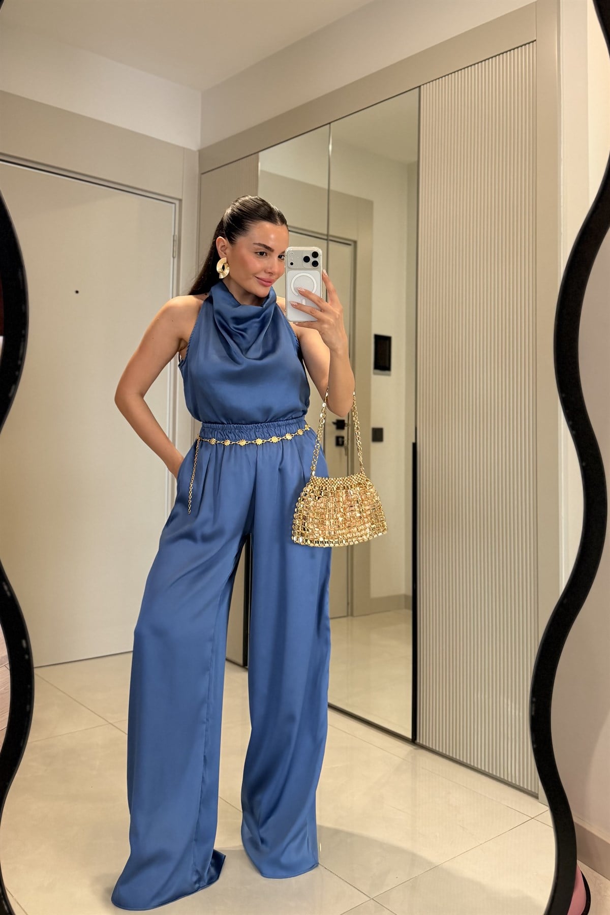Larissa İndigo Degaje Yaka Saten Takım
