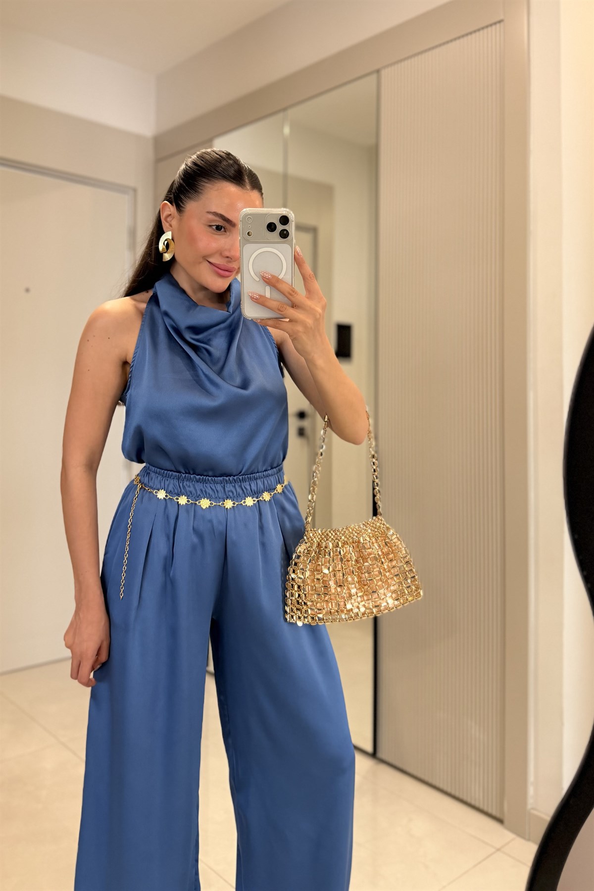 Larissa İndigo Degaje Yaka Saten Takım