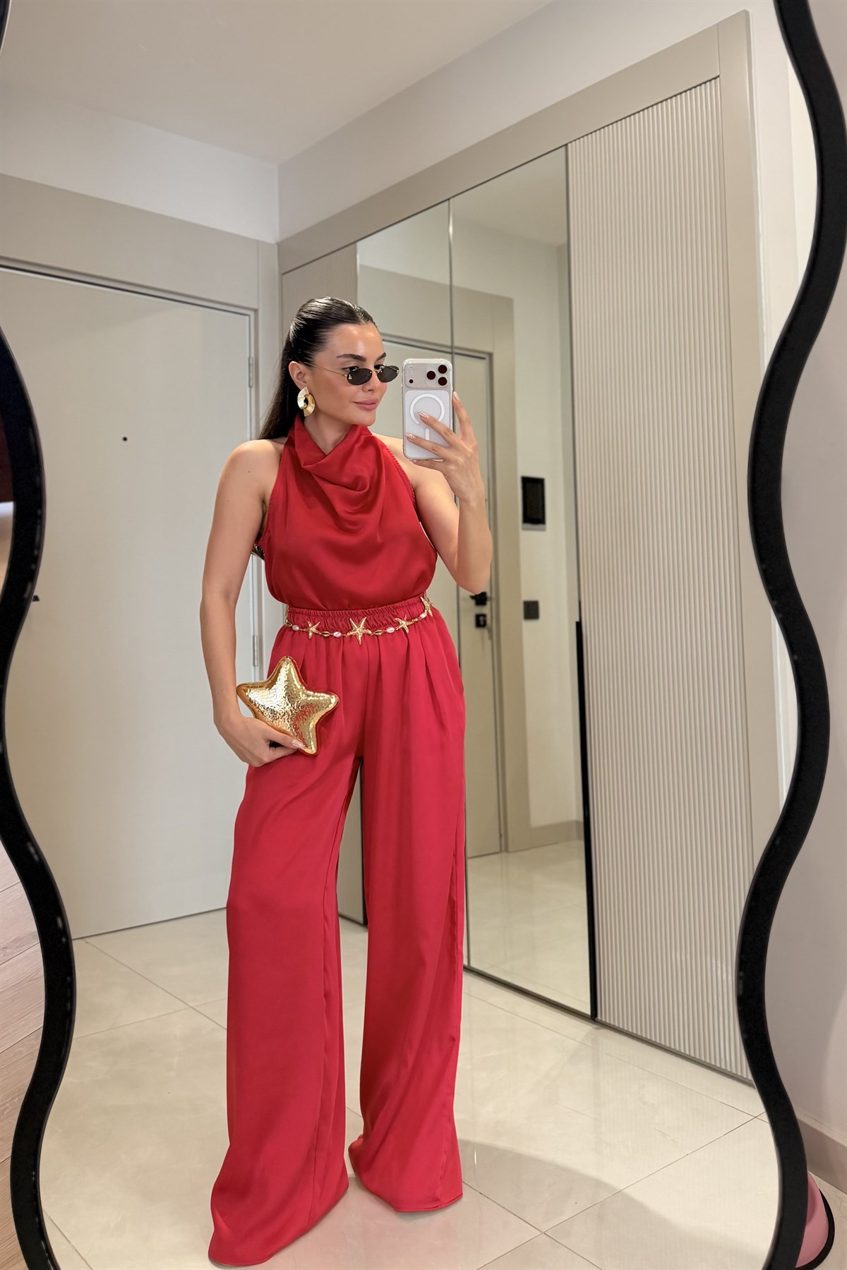 Larissa Kırmızı Degaje Yaka Saten Takım