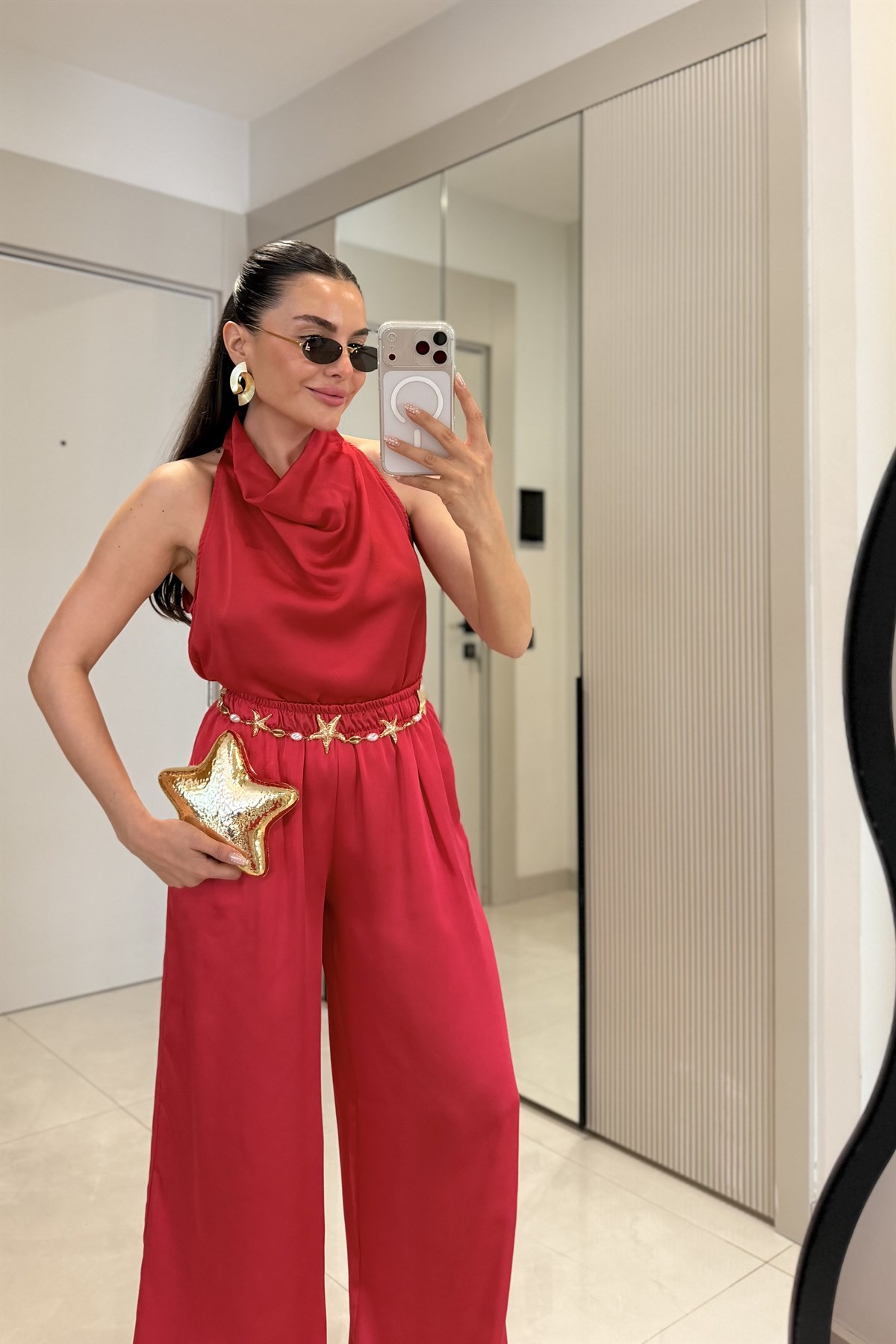 Larissa Kırmızı Degaje Yaka Saten Takım