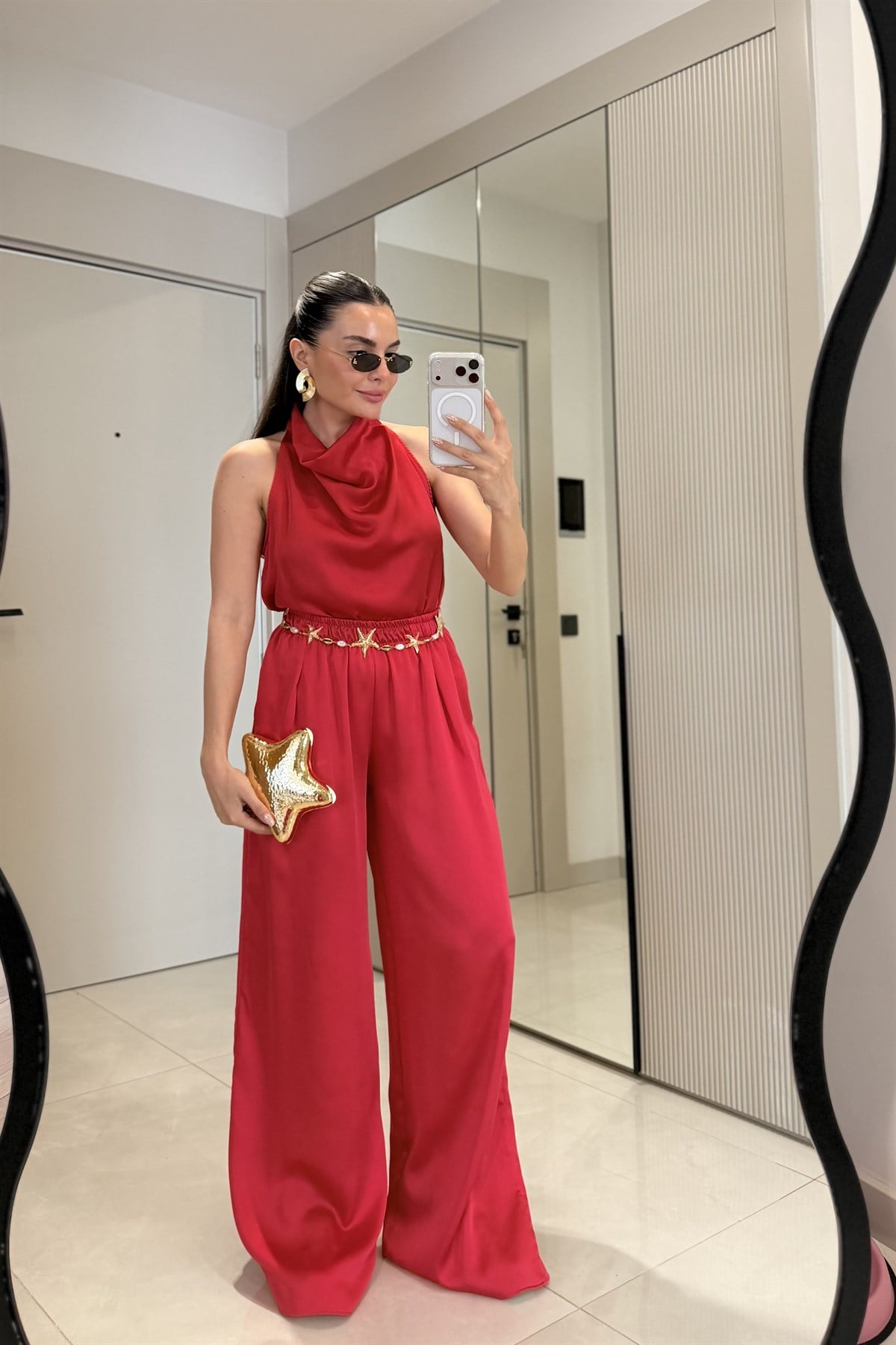 Larissa Kırmızı Degaje Yaka Saten Takım