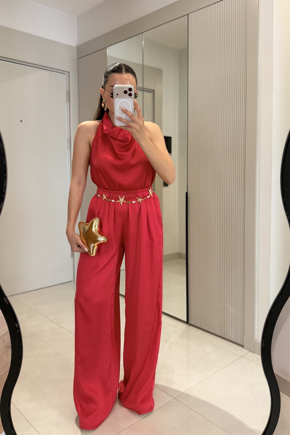 Larissa Kırmızı Degaje Yaka Saten Takım