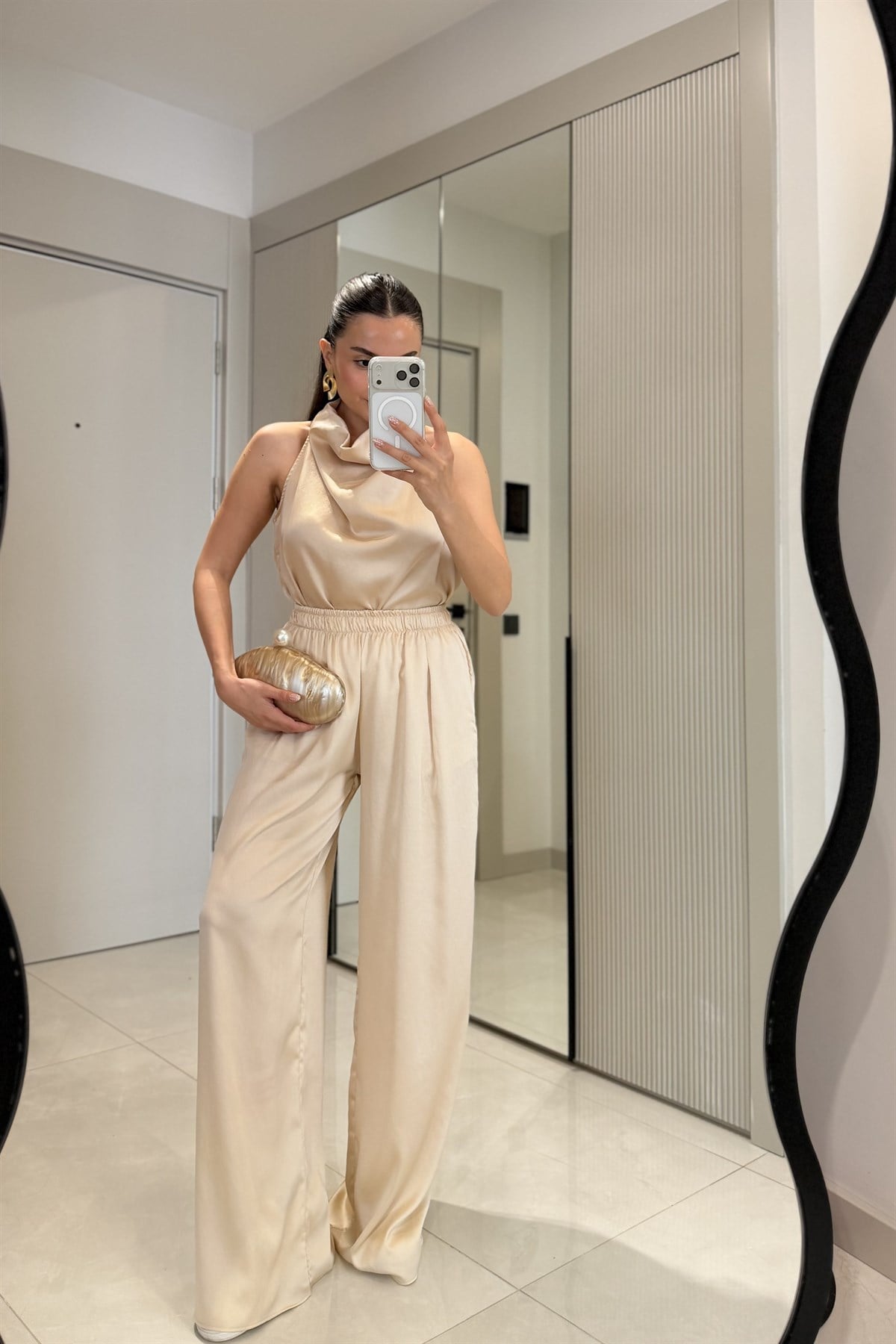Larissa Krem Degaje Yaka Saten Takım