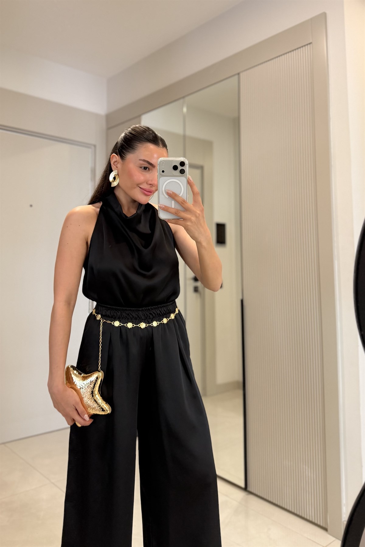 Larissa Siyah Degaje Yaka Saten Takım