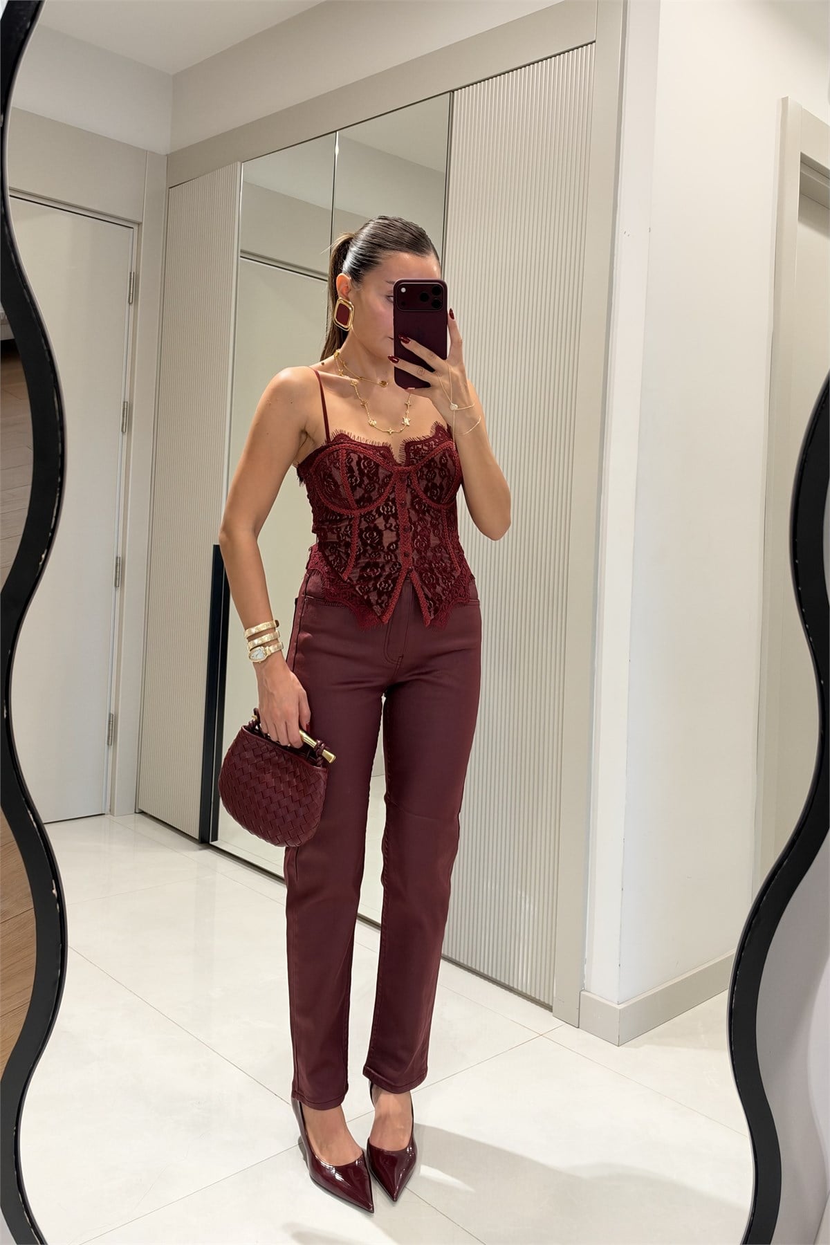 Laser Bordo Düz Paça Mumlu Pantolon