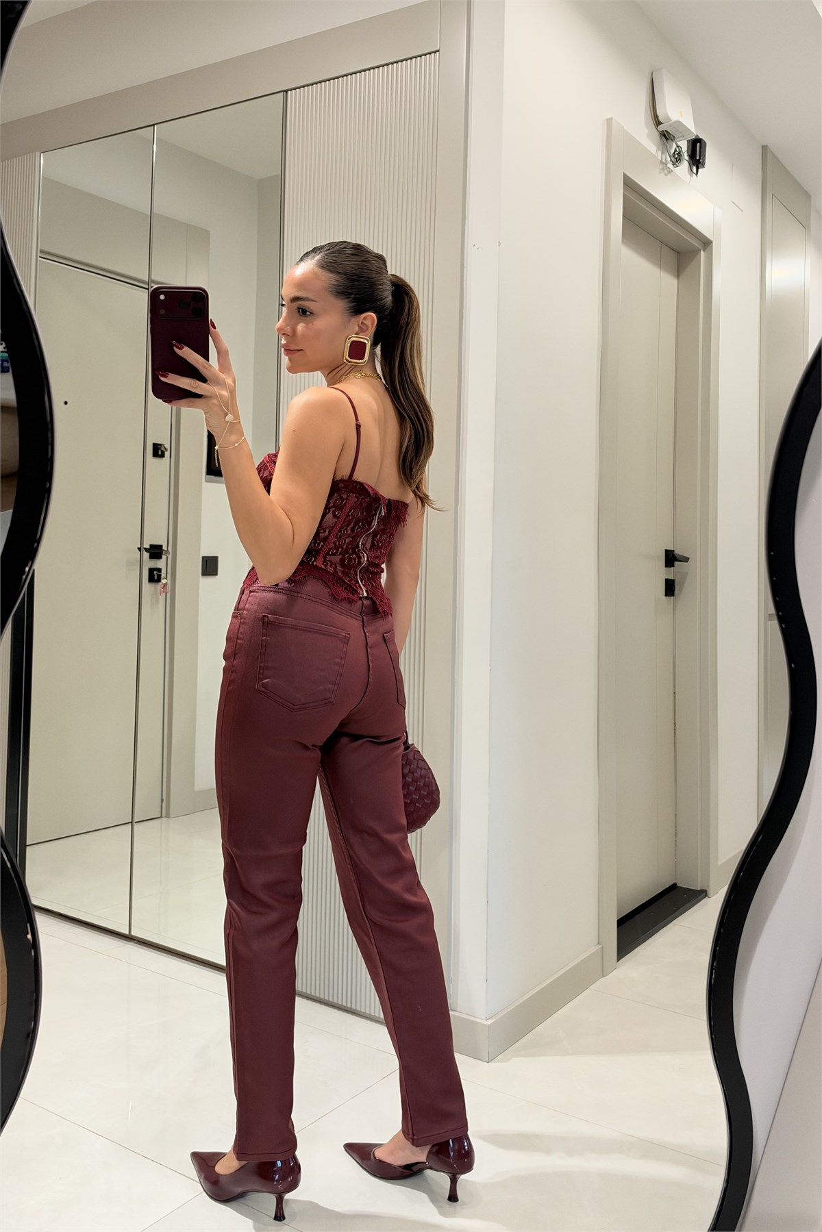 Laser Bordo Düz Paça Mumlu Pantolon