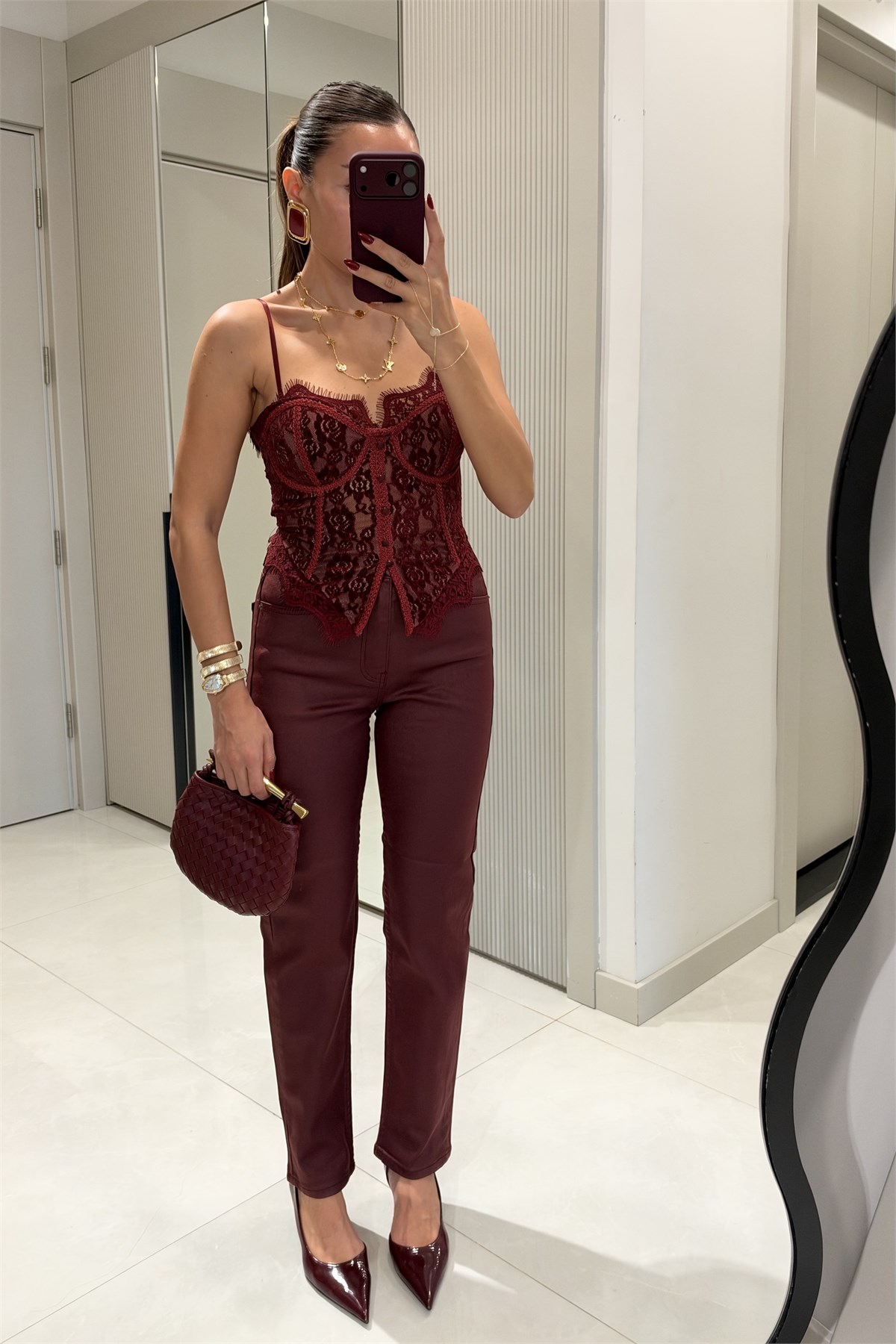 Laser Bordo Düz Paça Mumlu Pantolon