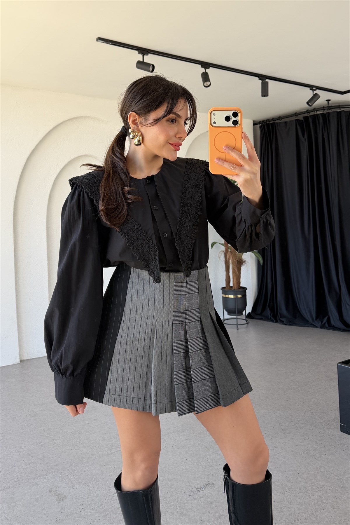 Lashes Siyah Ekose Desen Şort Etek