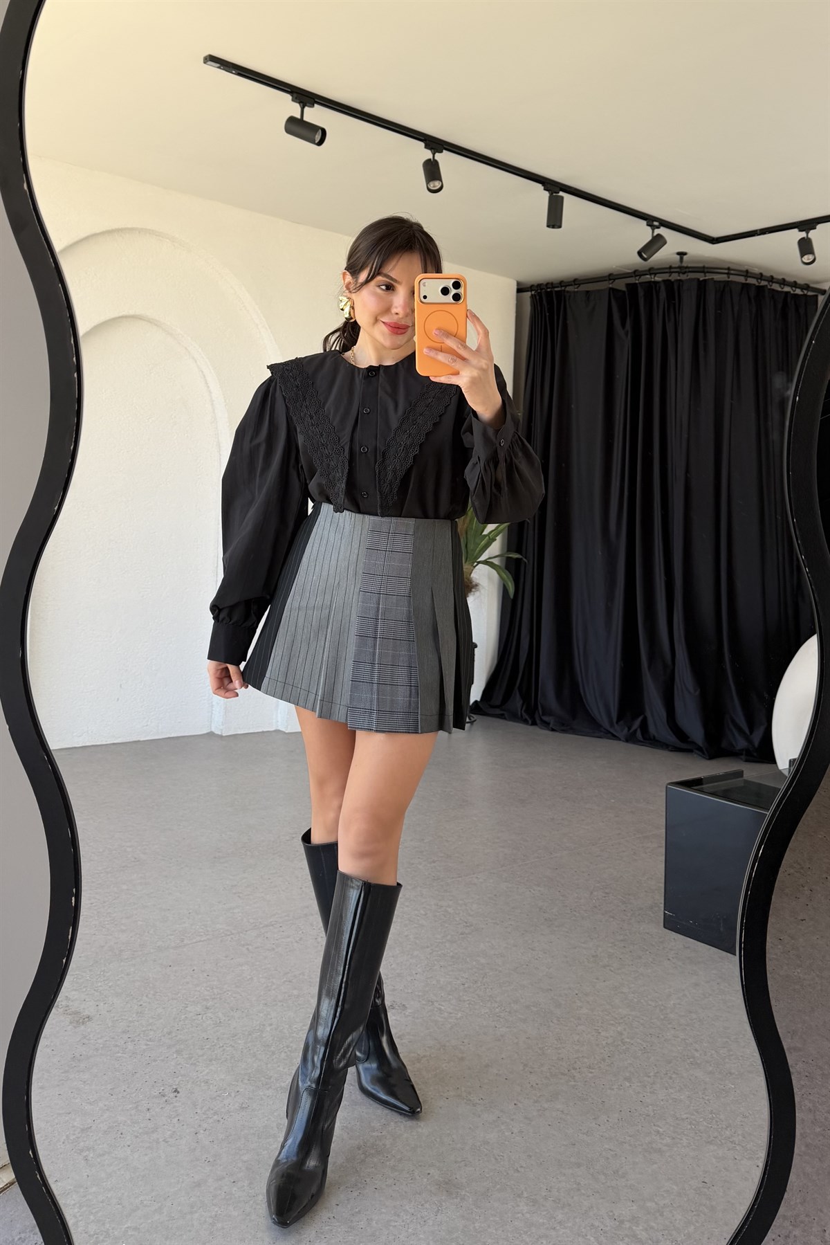 Lashes Siyah Ekose Desen Şort Etek