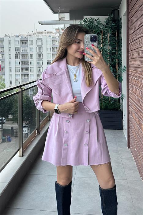 Lasury Düğme Detaylı Etek Ceket Takım-Lila