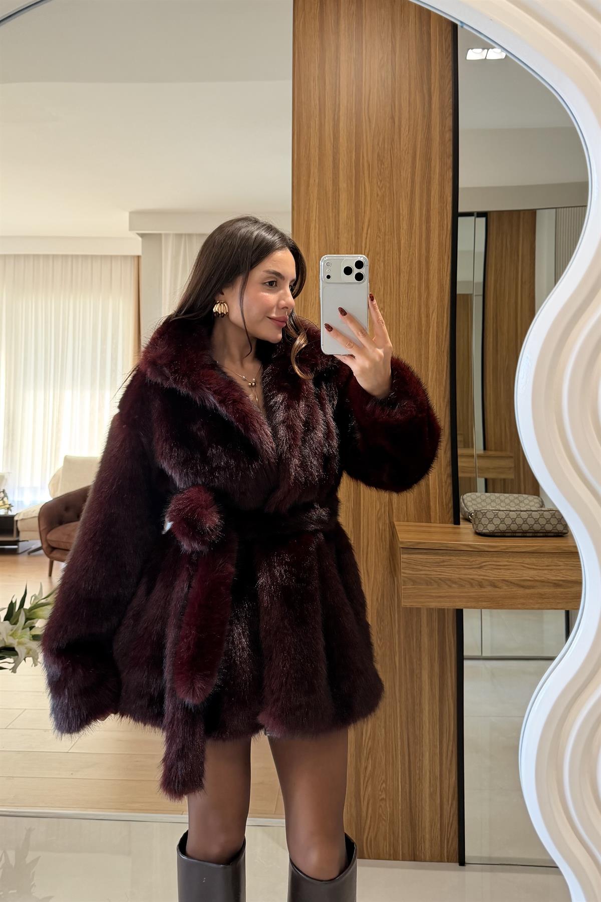 Lauder Bordo Kuşaklı Premium Kürk