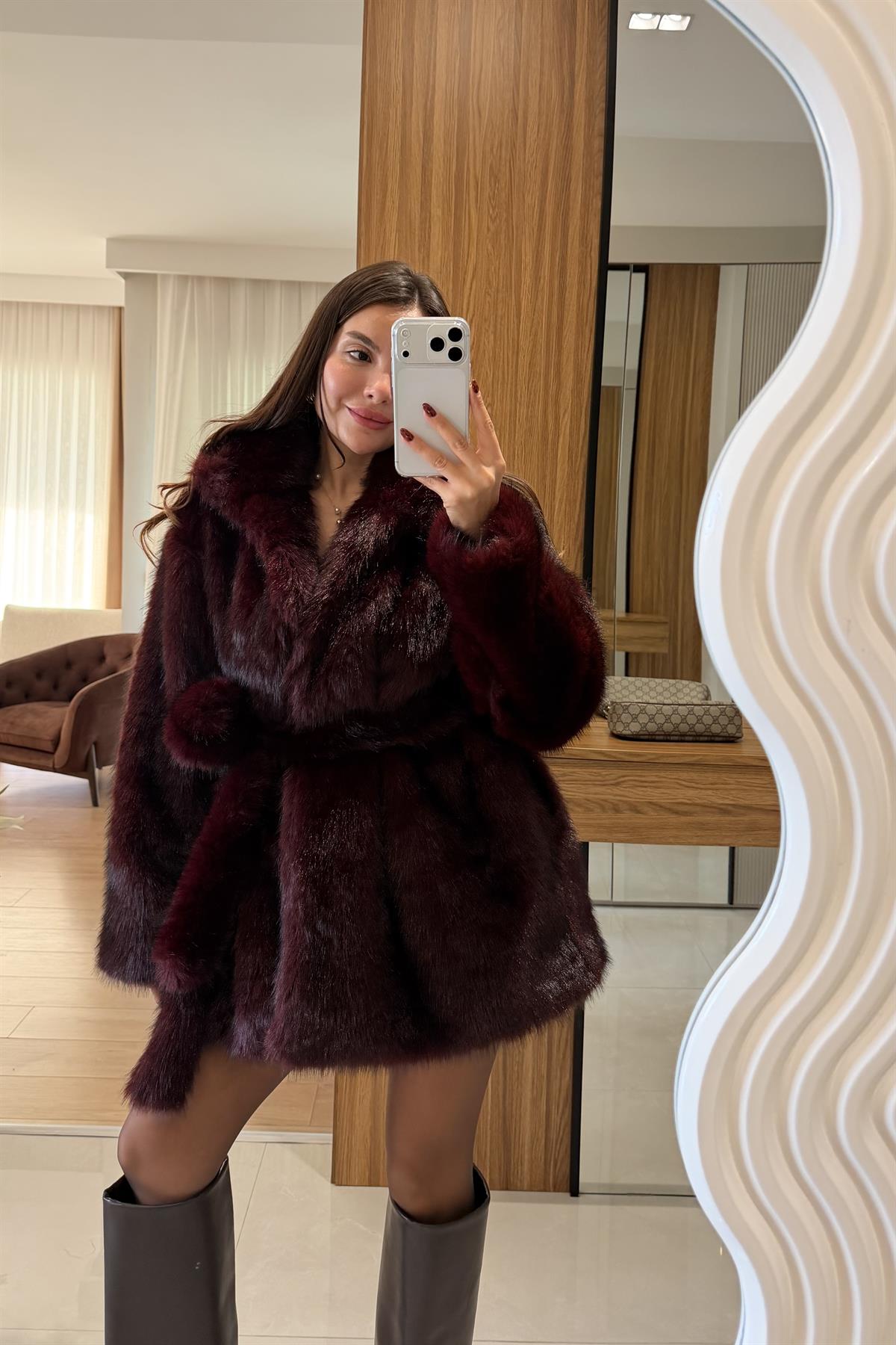 Lauder Bordo Kuşaklı Premium Kürk