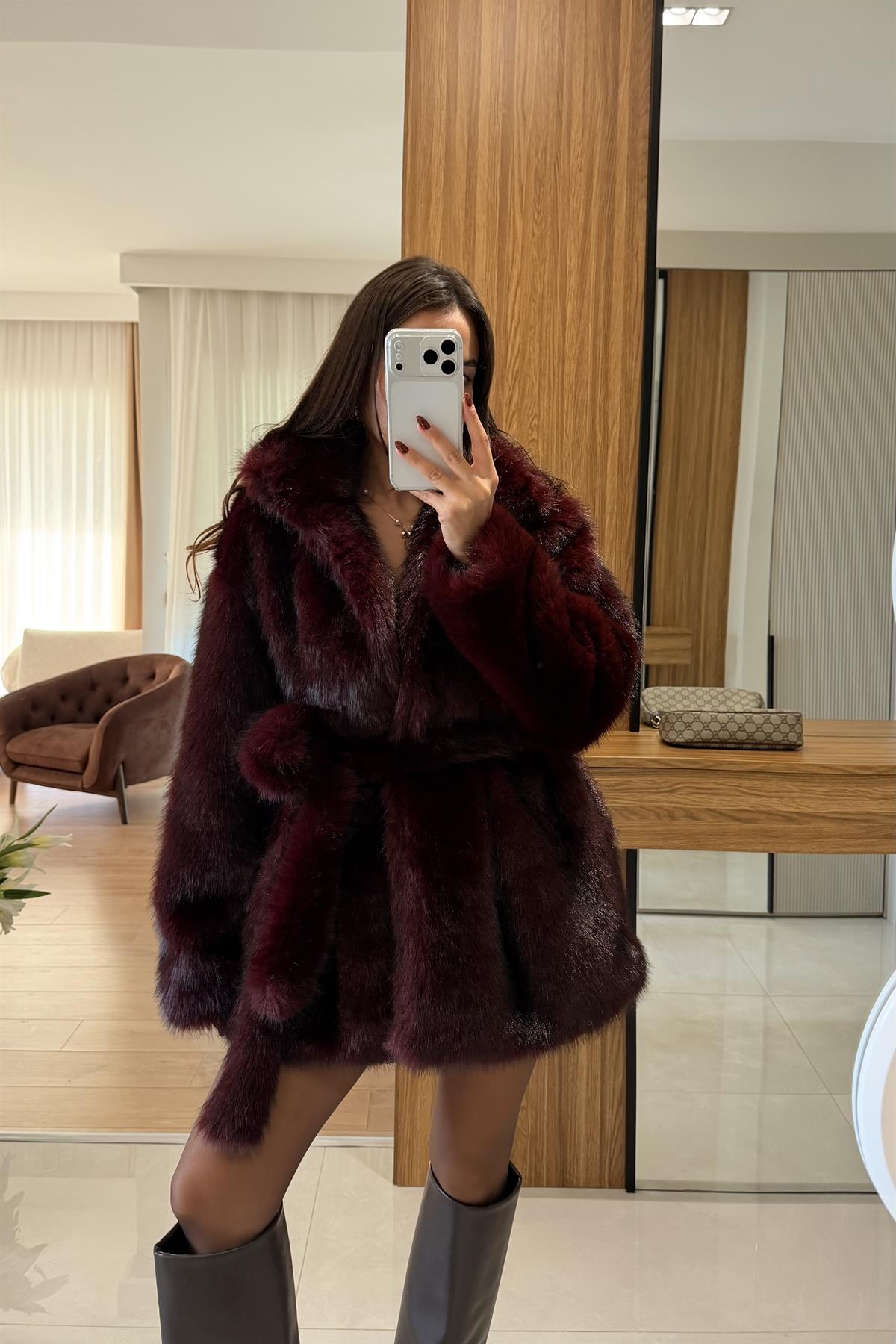 Lauder Bordo Kuşaklı Premium Kürk