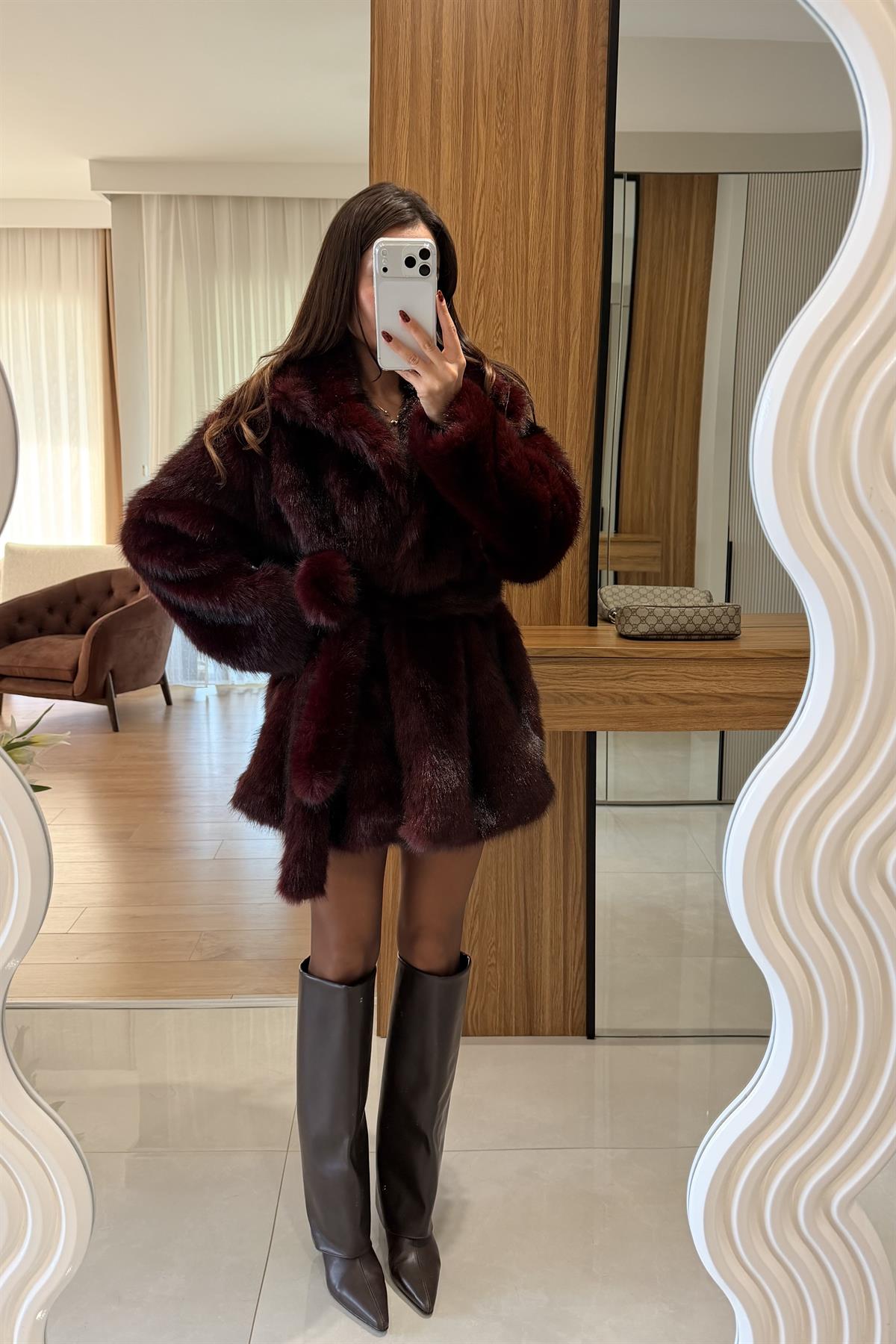 Lauder Bordo Kuşaklı Premium Kürk