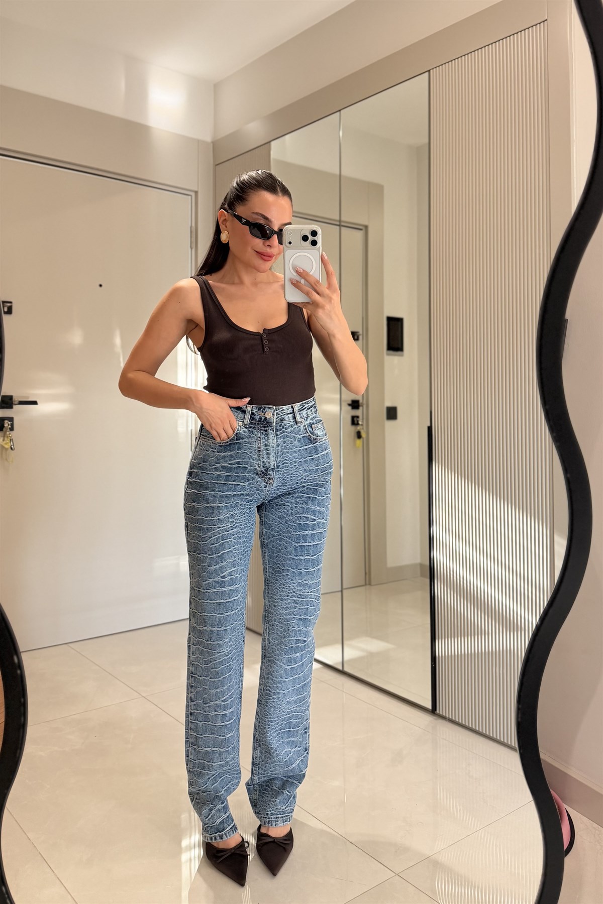 Lavis Midblue Dilvin Yılan Desen Jean