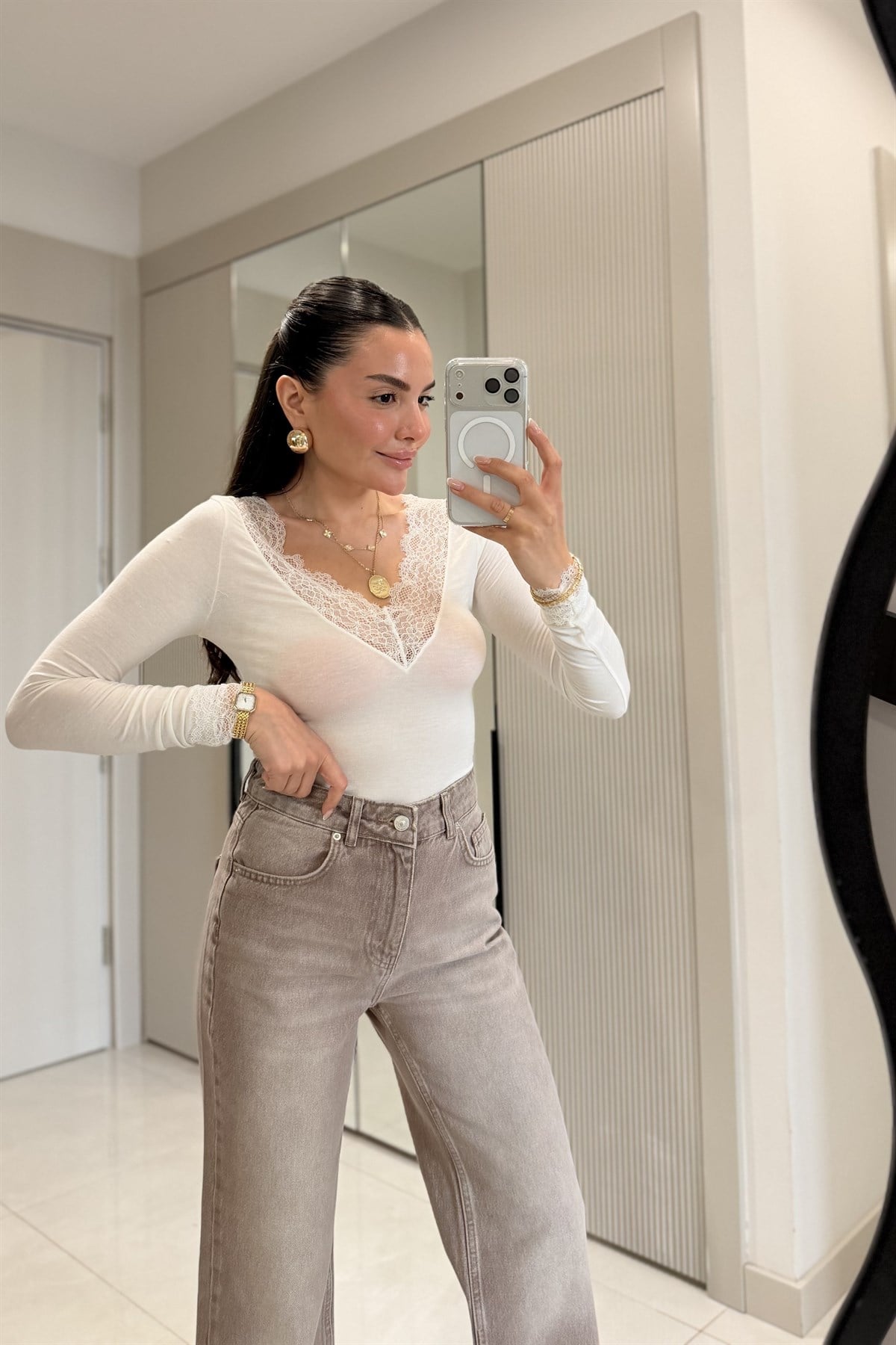 Leap Ekru Dilvin Dantel Detay Kaşmir Body
