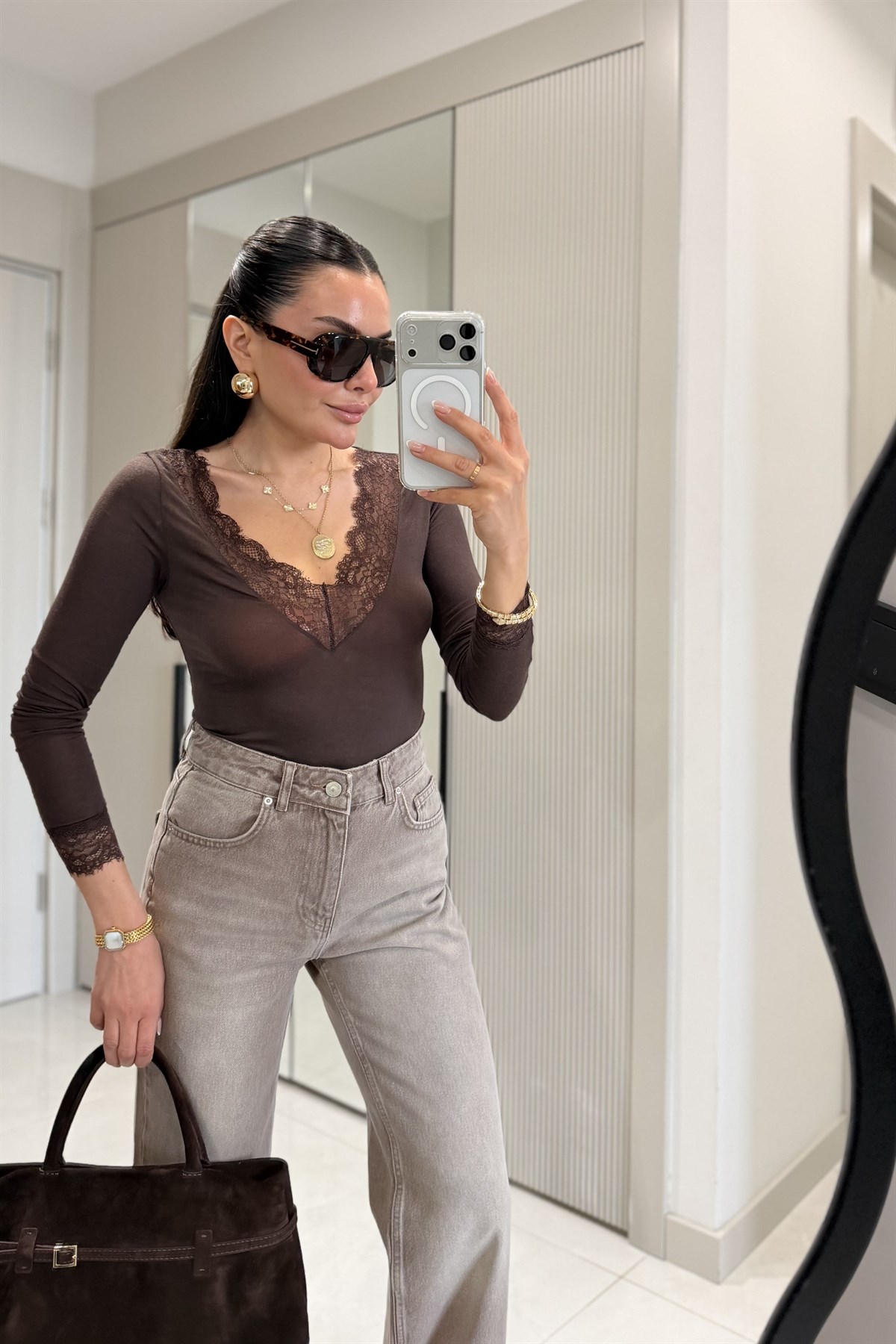 Leap Kahve Dilvin Dantel Detay Kaşmir Body