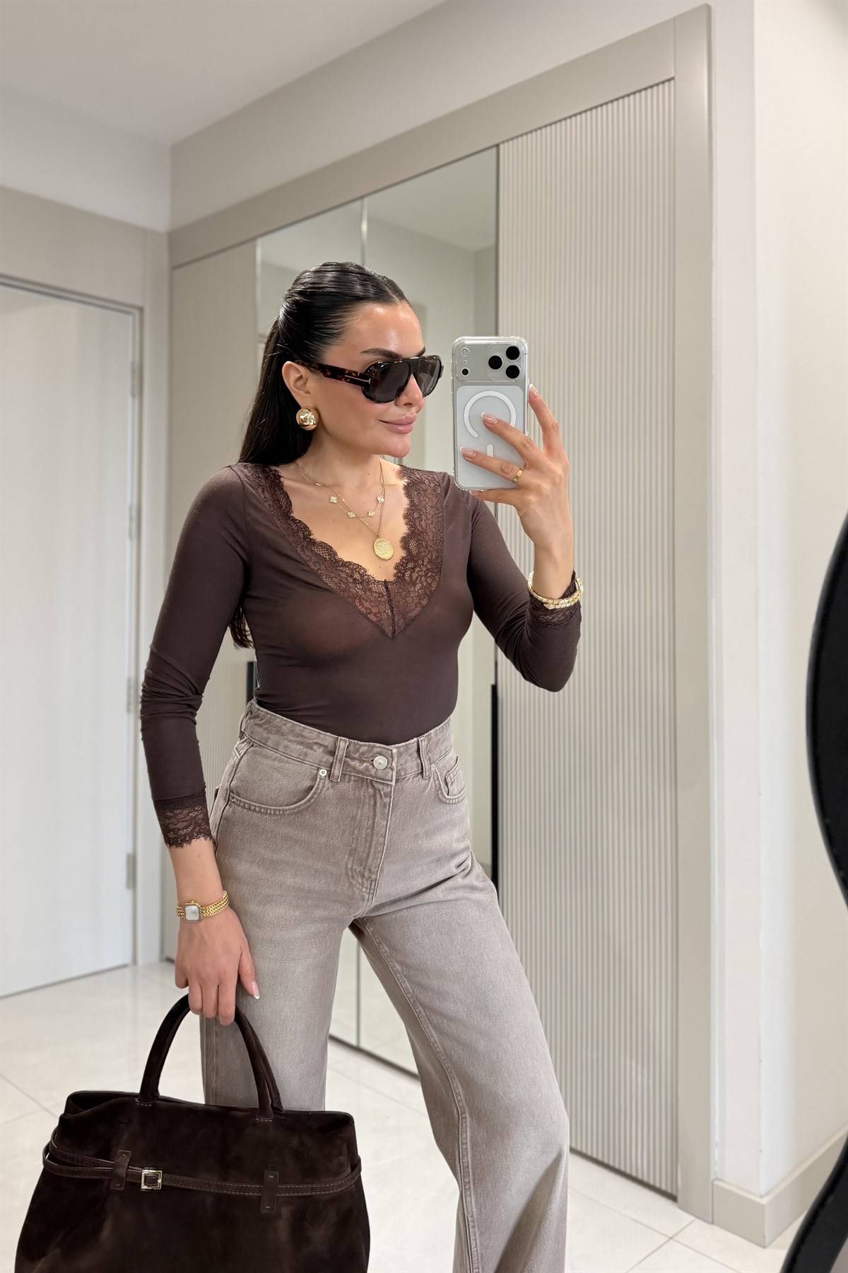 Leap Kahve Dilvin Dantel Detay Kaşmir Body