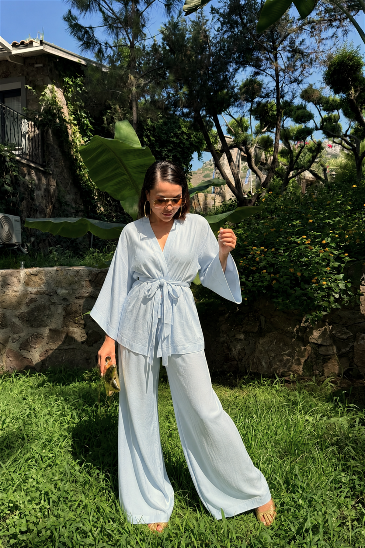 Leila Bebe Mavi Keten Kimono Pantolon Takım