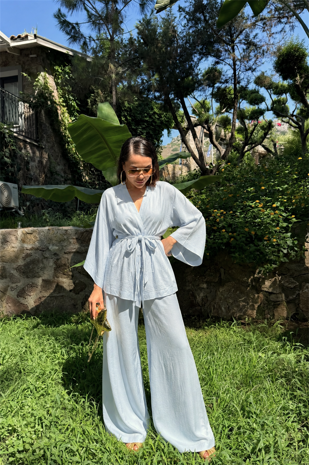 Leila Bebe Mavi Keten Kimono Pantolon Takım