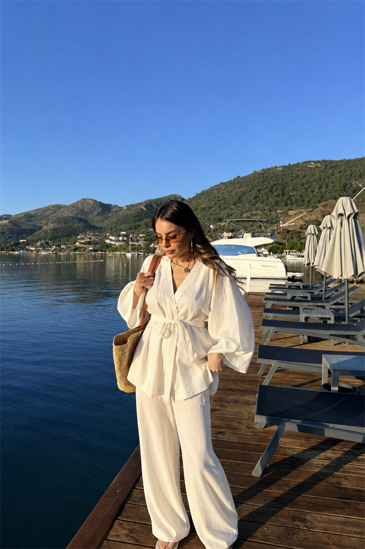 Leila Ekru Keten Kimono Pantolon Takım