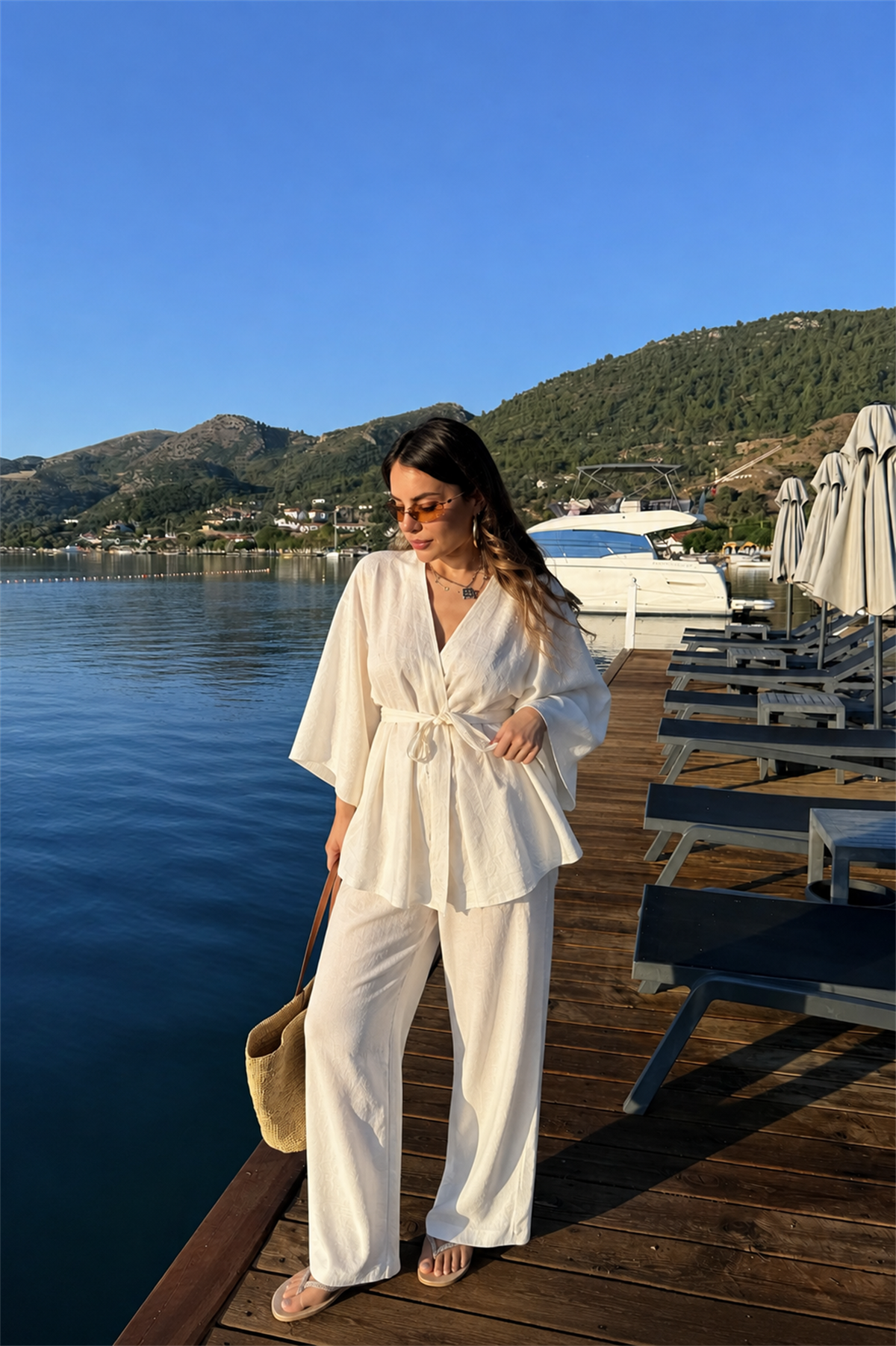 Leila Ekru Keten Kimono Pantolon Takım