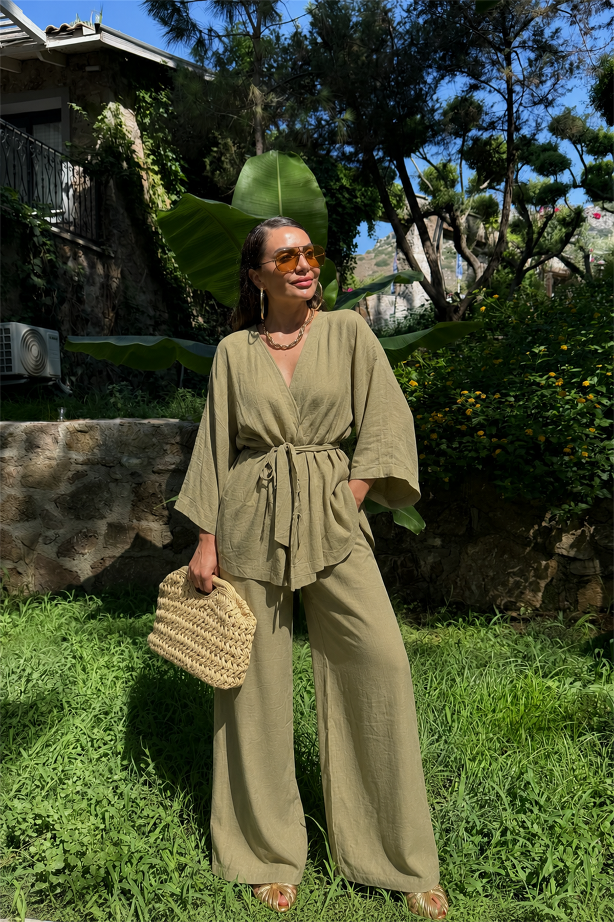 Leila Haki Keten Kimono Pantolon Takım