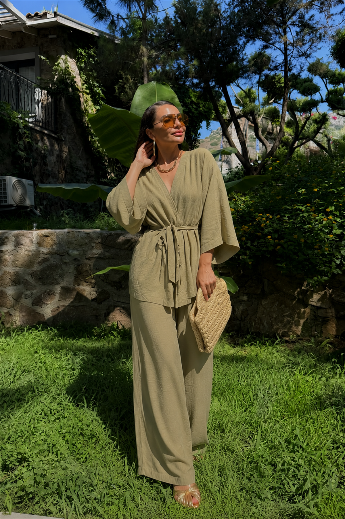 Leila Haki Keten Kimono Pantolon Takım