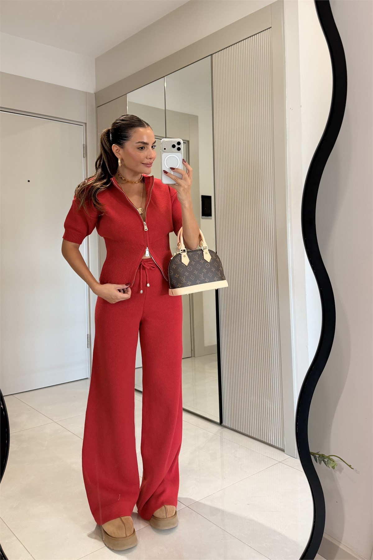 Lelia Kırmızı Fermuarlı Triko Takım