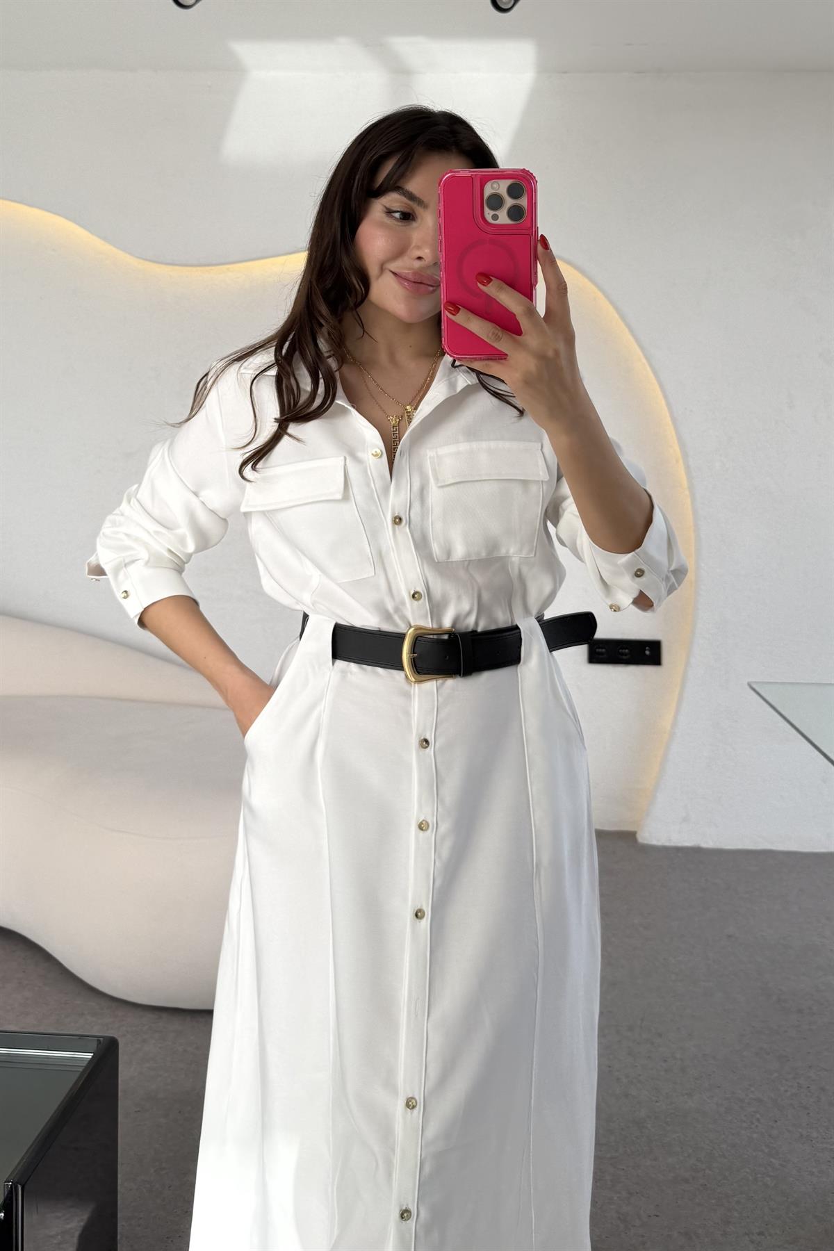 Lemmer Beyaz Tensel Kemerli Elbise