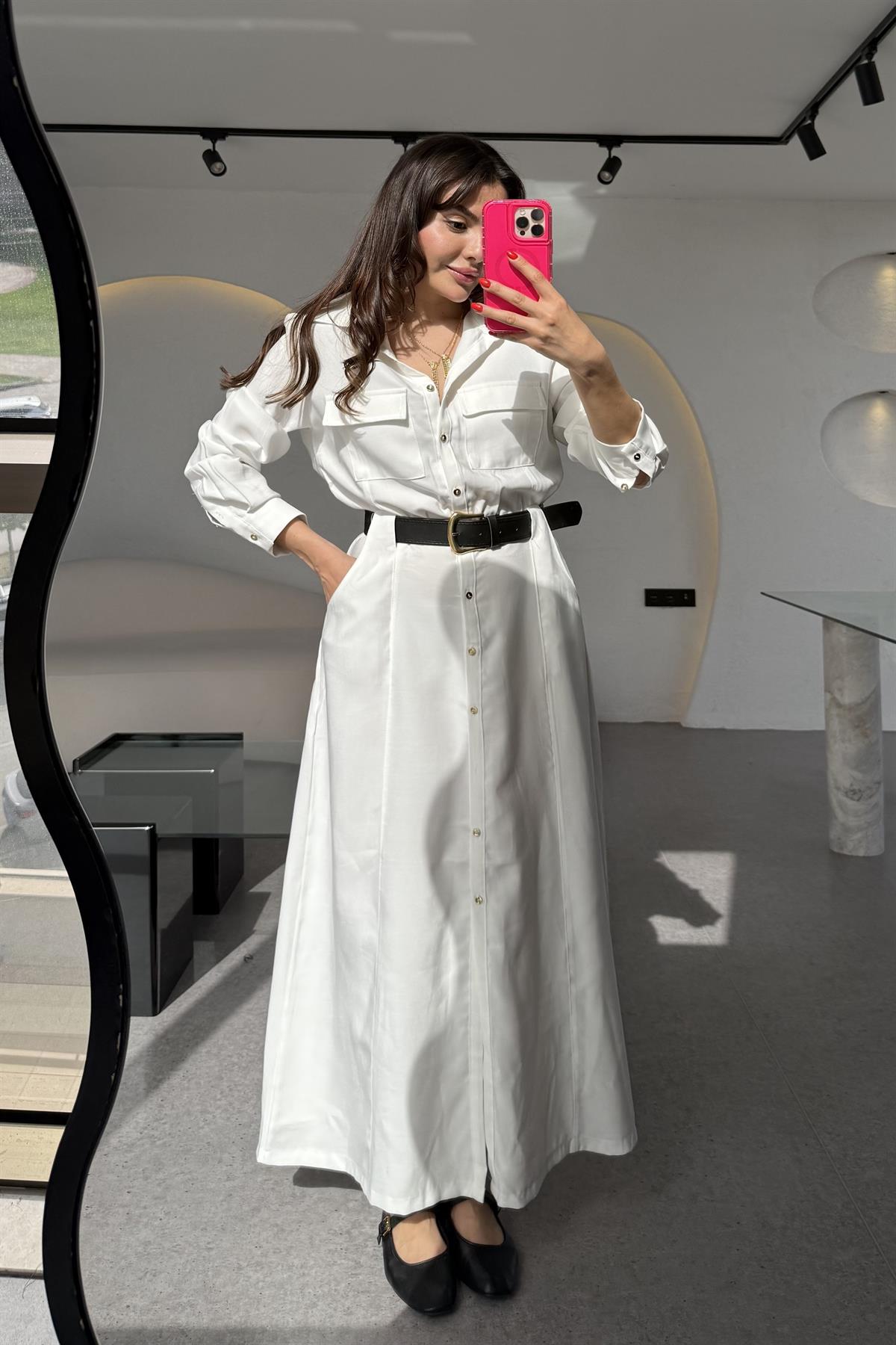 Lemmer Beyaz Tensel Kemerli Elbise