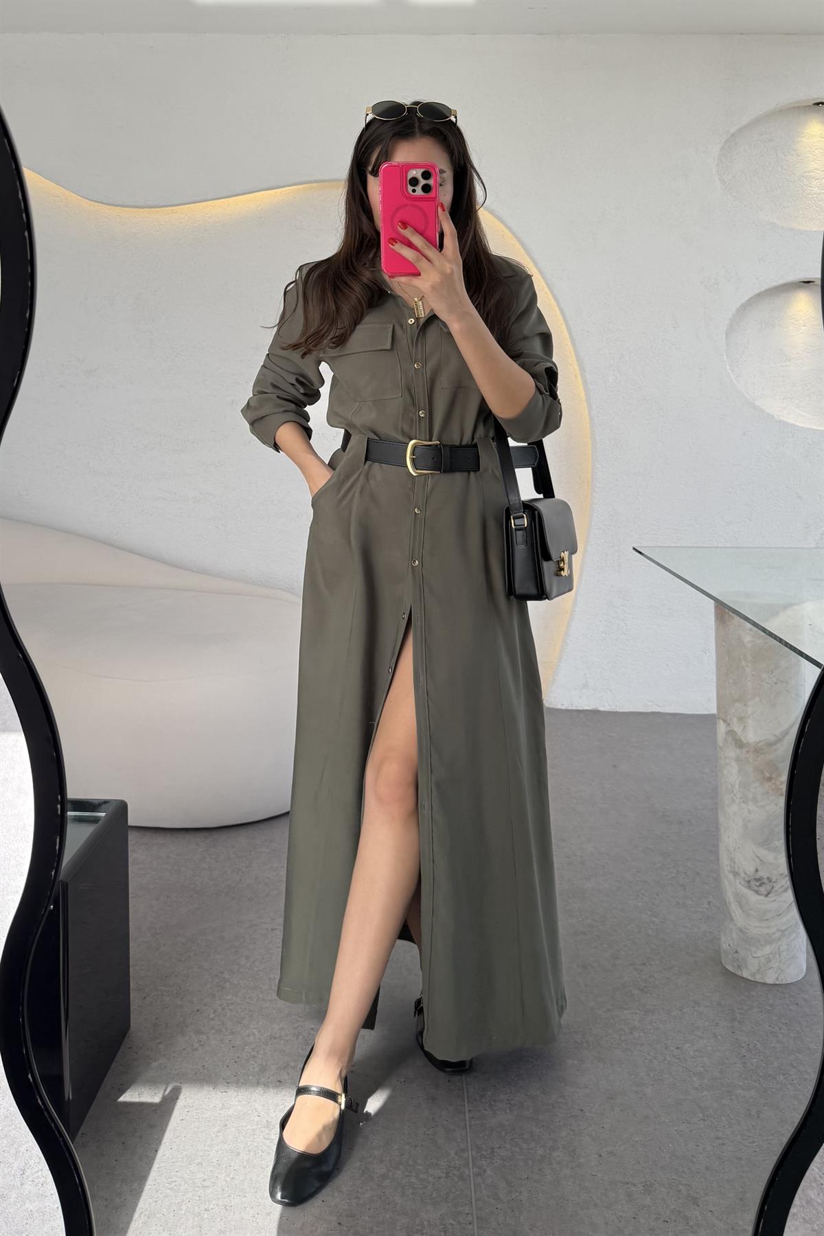 Lemmer Haki Tensel Kemerli Elbise