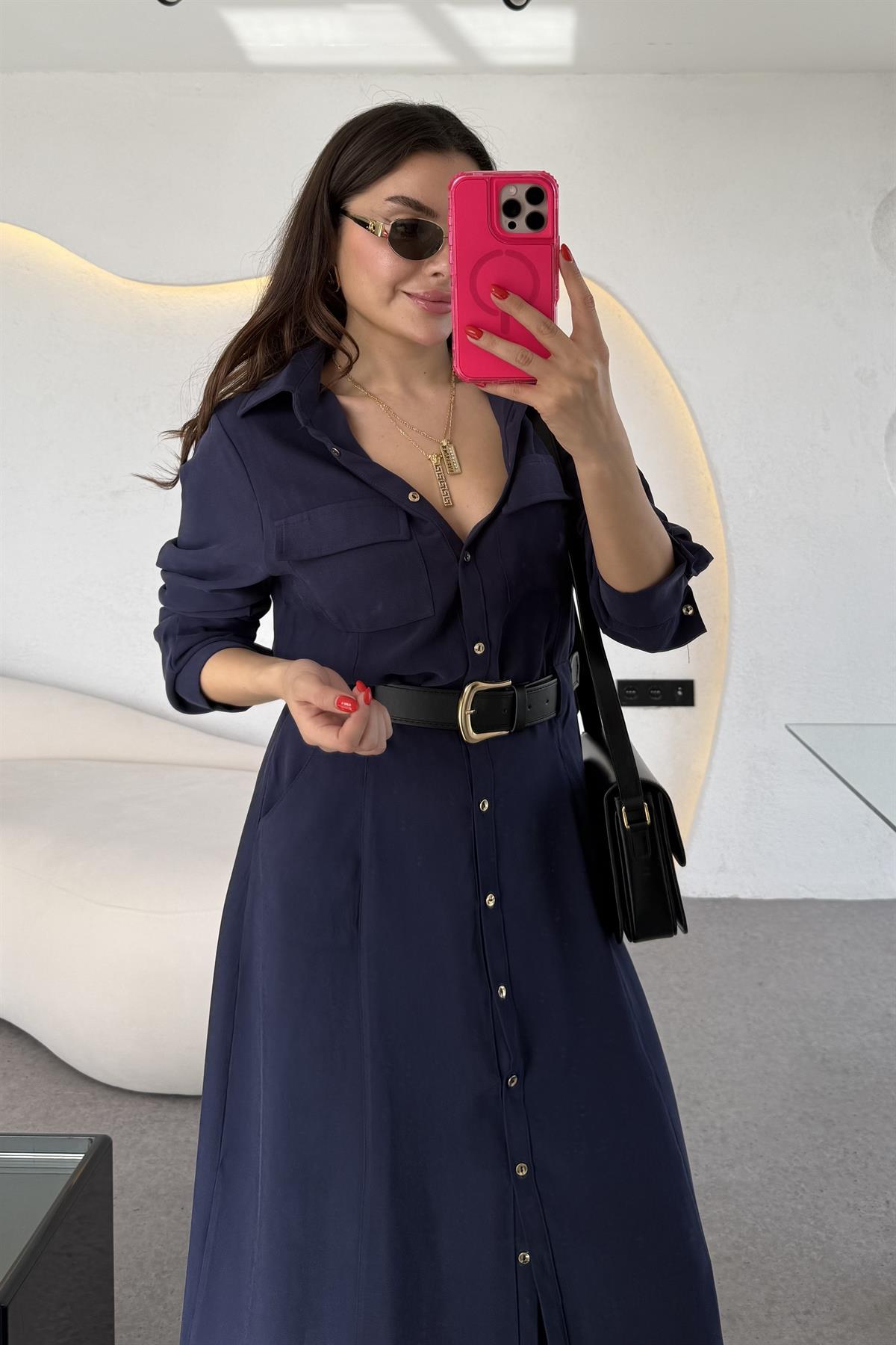 Lemmer Lacivert Tensel Kemerli Elbise